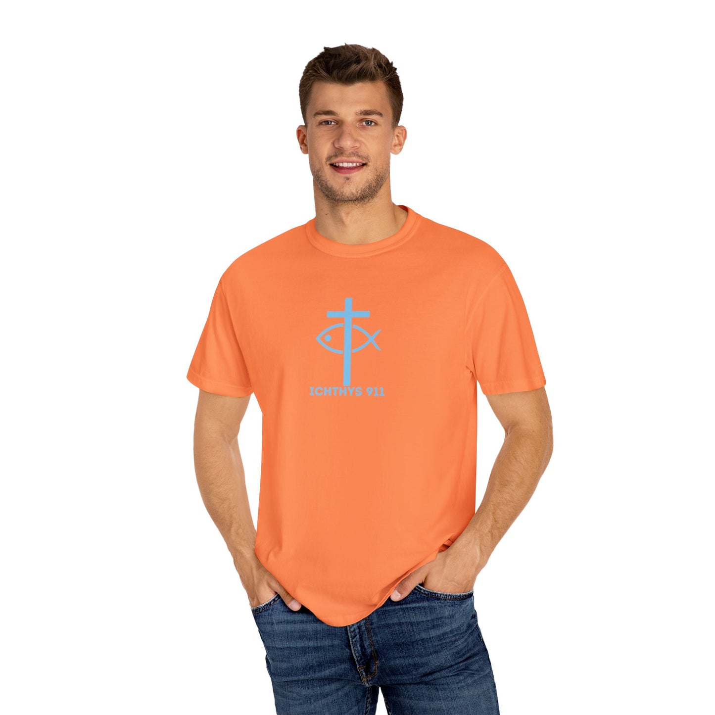 ICHTHYS 911 - Blue Font "Iēsous Christos, Theou Yios, Sōtēr" - Garment-Dyed - 100% US Cotton - Unisex T-Shirt - Men T-Shirt - Women T-Shirt - Christian Symbol - Greek - Faith Inspired -Christian Streetwear – Jesus Gym & Faith Fashion, Unisex Garment