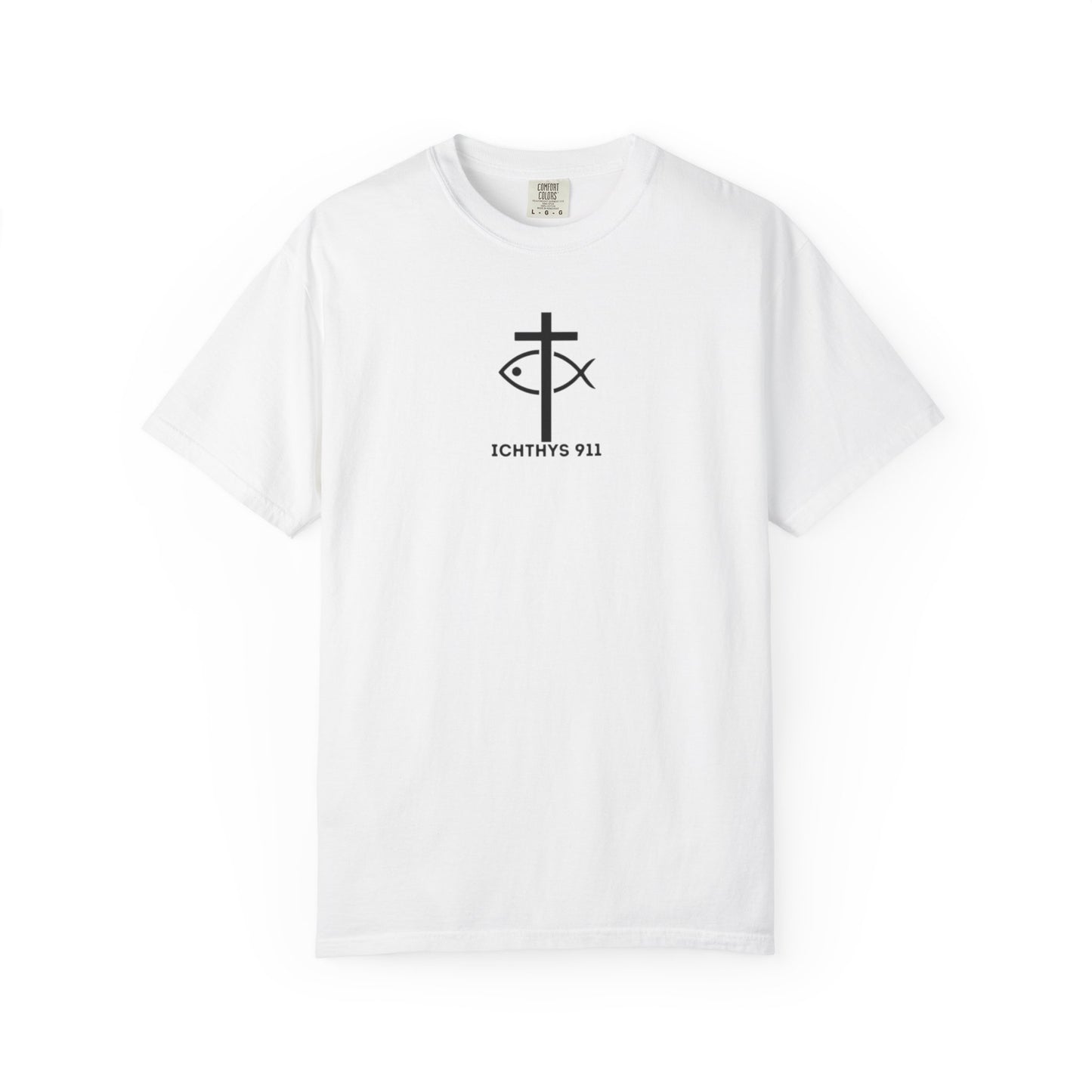 ICHTHYS 911 Black Font - "Run With Endurance Hebrews 12:1" - Unisex Garment Dyed T-Shirt -100% US Cotton - Men T-Shirt - Women T-Shirt - Bible Verse - Christian Faith - Christian Workout