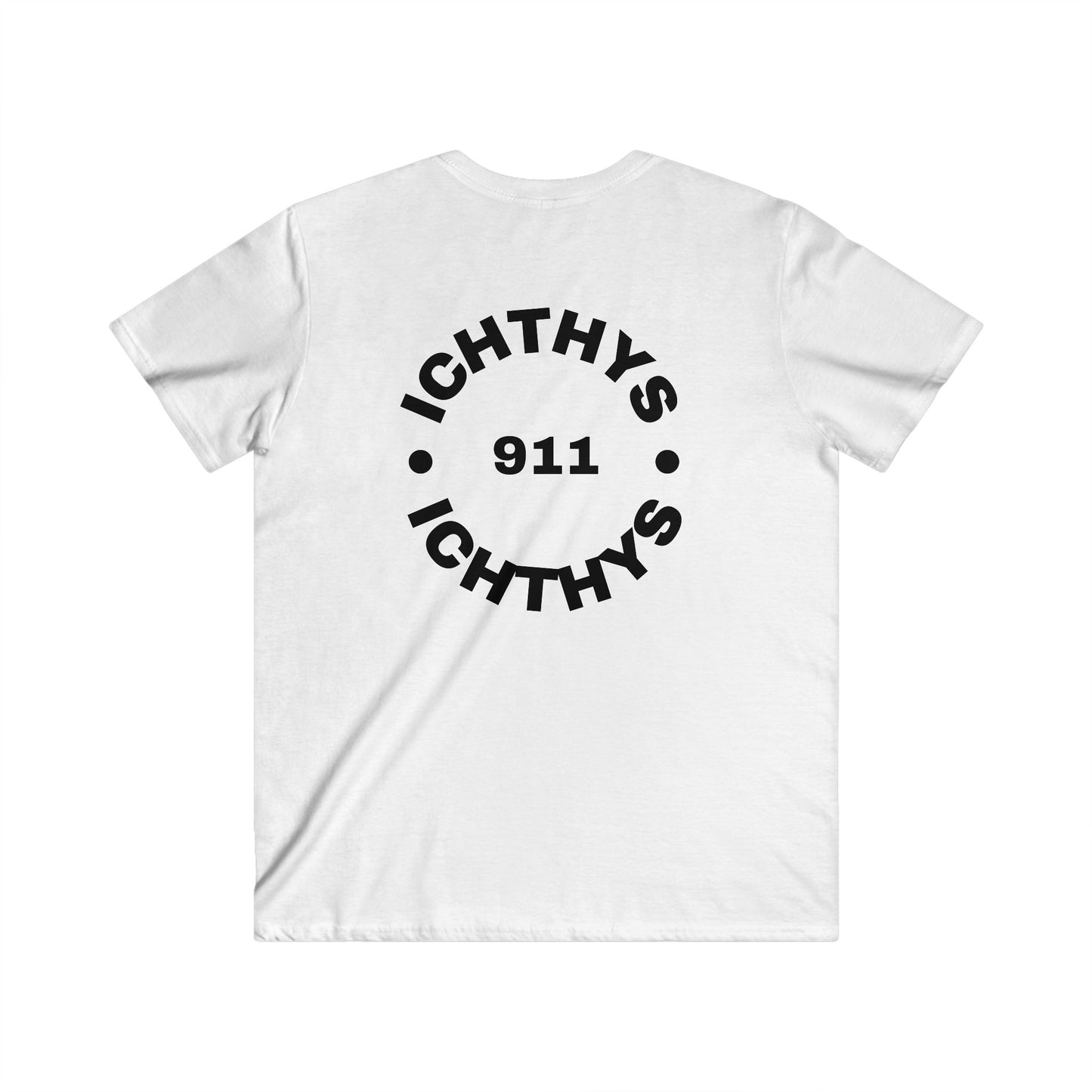 ICHTHYS 911 - Authentic Round Collection - Men's Fitted V-Neck Short Sleeve T - Shirt - Faith-Inspired - Christian Faith - Black Font