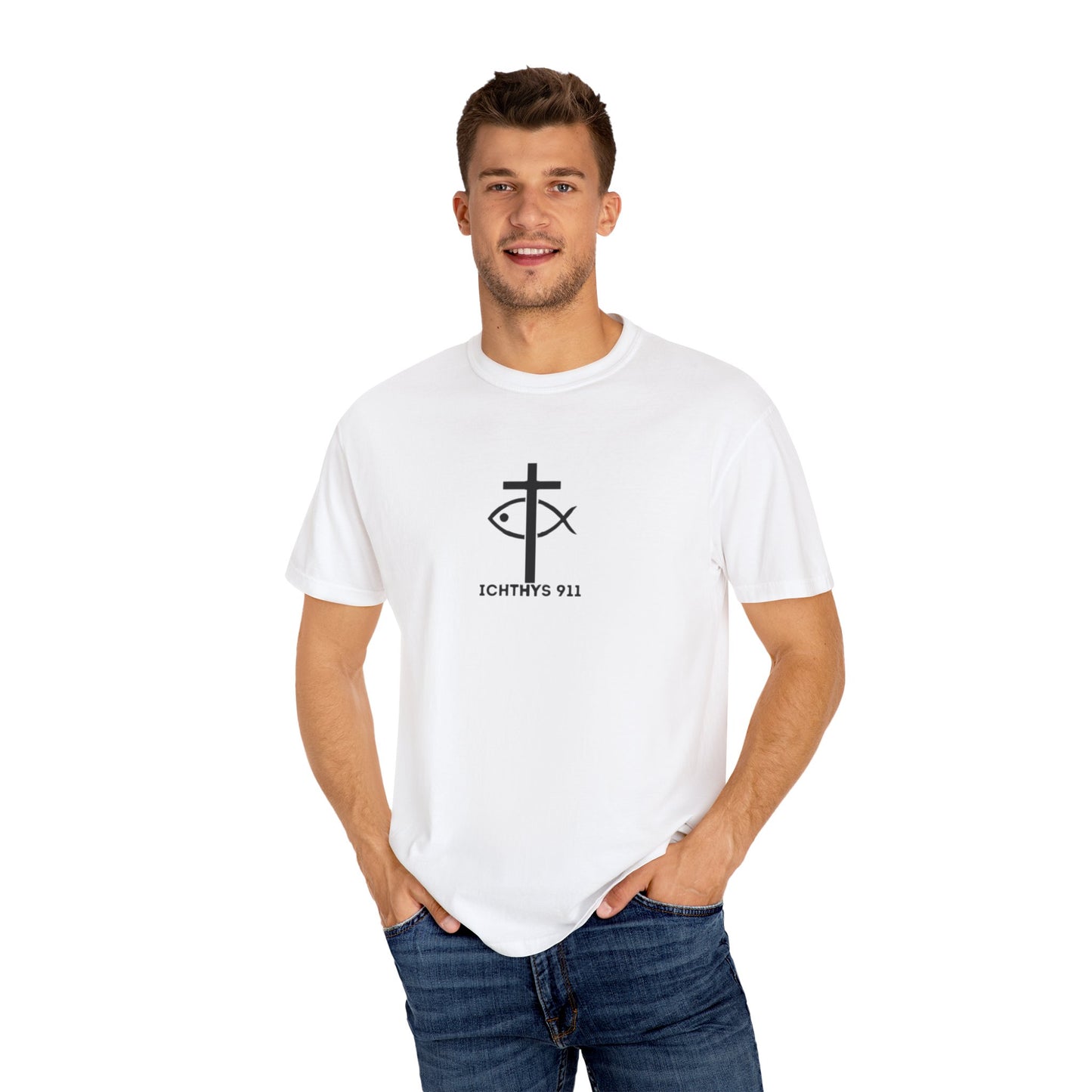ICHTHYS 911 - White Font "Authentic" - Christian Streetwear T-Shirt – Unisex - Women T-Shirt - Men T-Shirt - Jesus Gym & Faith Fashion, Unisex Garment-Dyed T-Shirt