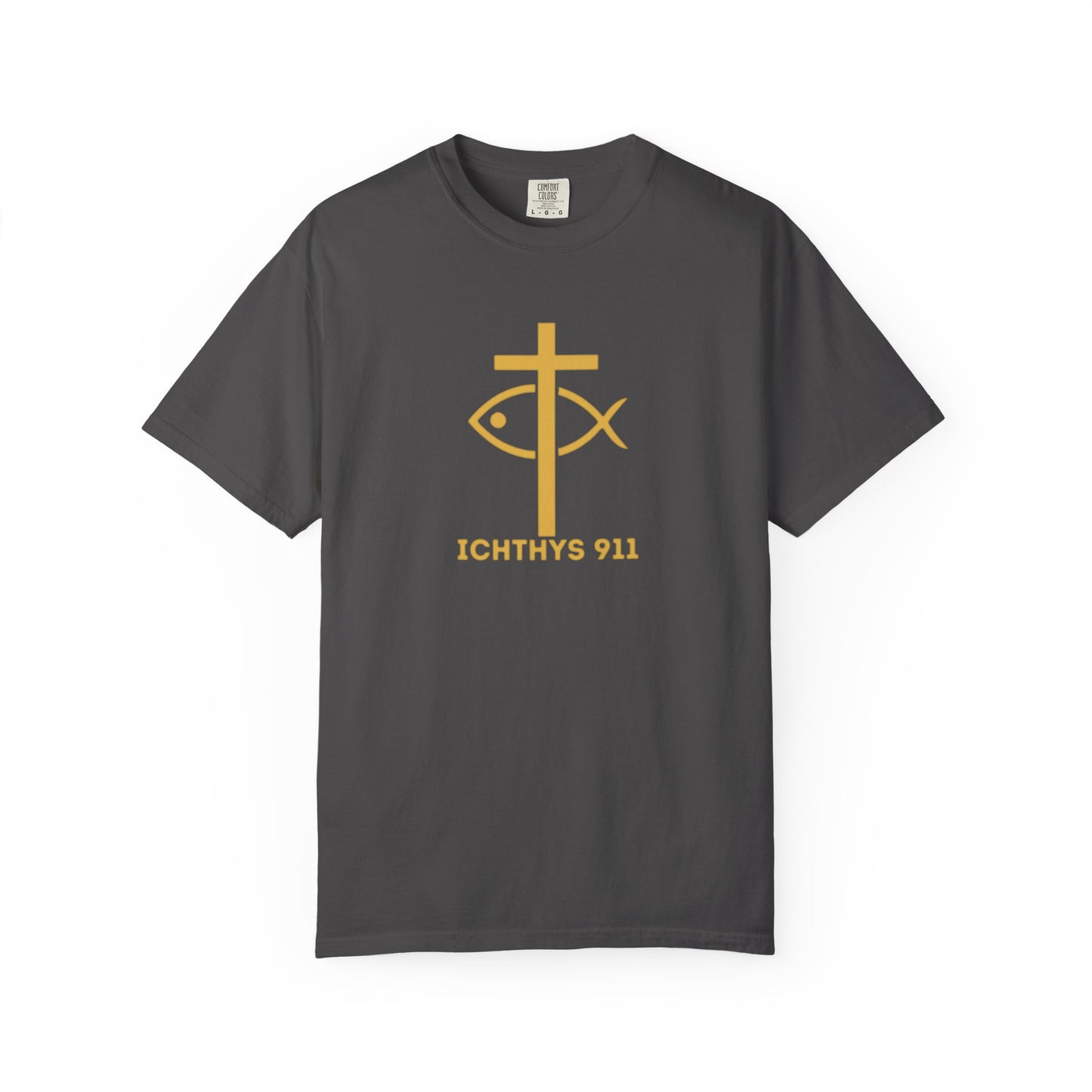 Iēsous Christos, Theou Yios, Sōtēr = Jesus Christ, Son of God, Savior - Gold Font - Unisex Garment Dyed T- Shirt - Men T-Shirt - Women T-Shirt - Christian Streetwear T-Shirt – Jesus Gym & Faith Fashion,ICHTHYS 911 -