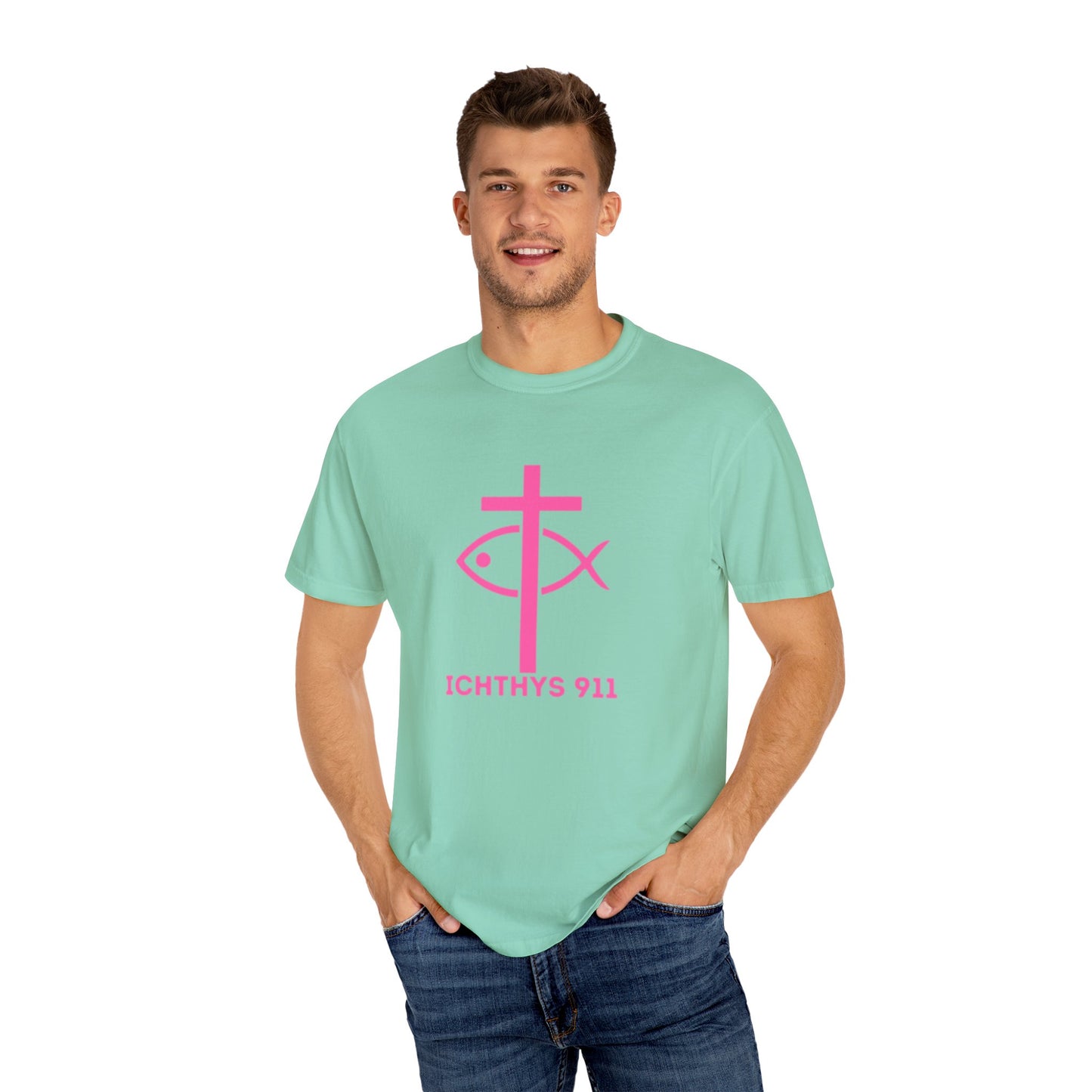 ICHTHYS 911 - Authentic - W/O IC 911 on Back Christian Streetwear T-Shirt – Jesus Gym & Faith Fashion, Unisex Garment-Dyed T-Shirt Hot Pink Font