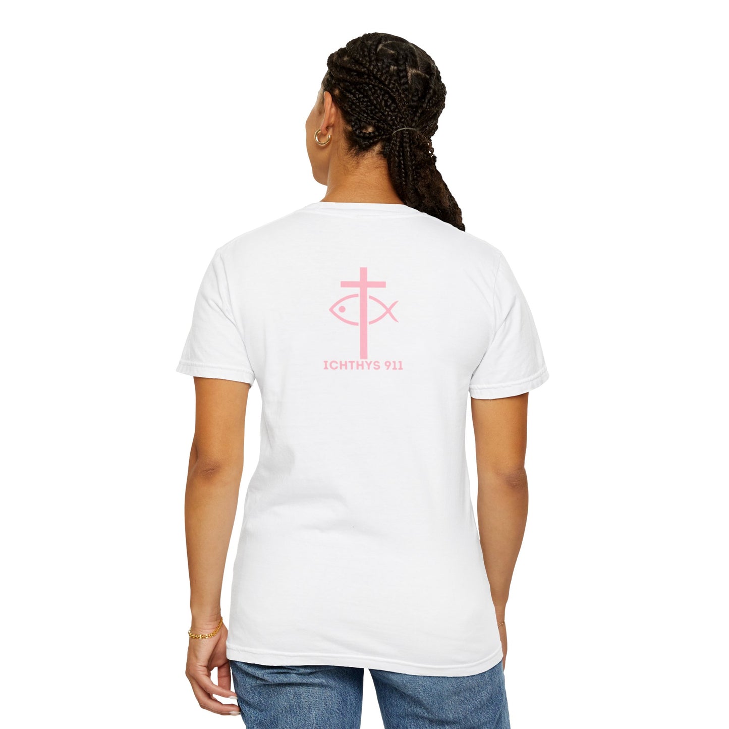 "Faith, Hope, & Love Reverse" - Pink Font - Unisex Garment Dyed T-Shirt - 100% US Cotton - Men T-Shirt - Christian Women Tee - Faith-Inspired Shirt - Christian Fashion - Wear Your Faith -ICHTHYS 911