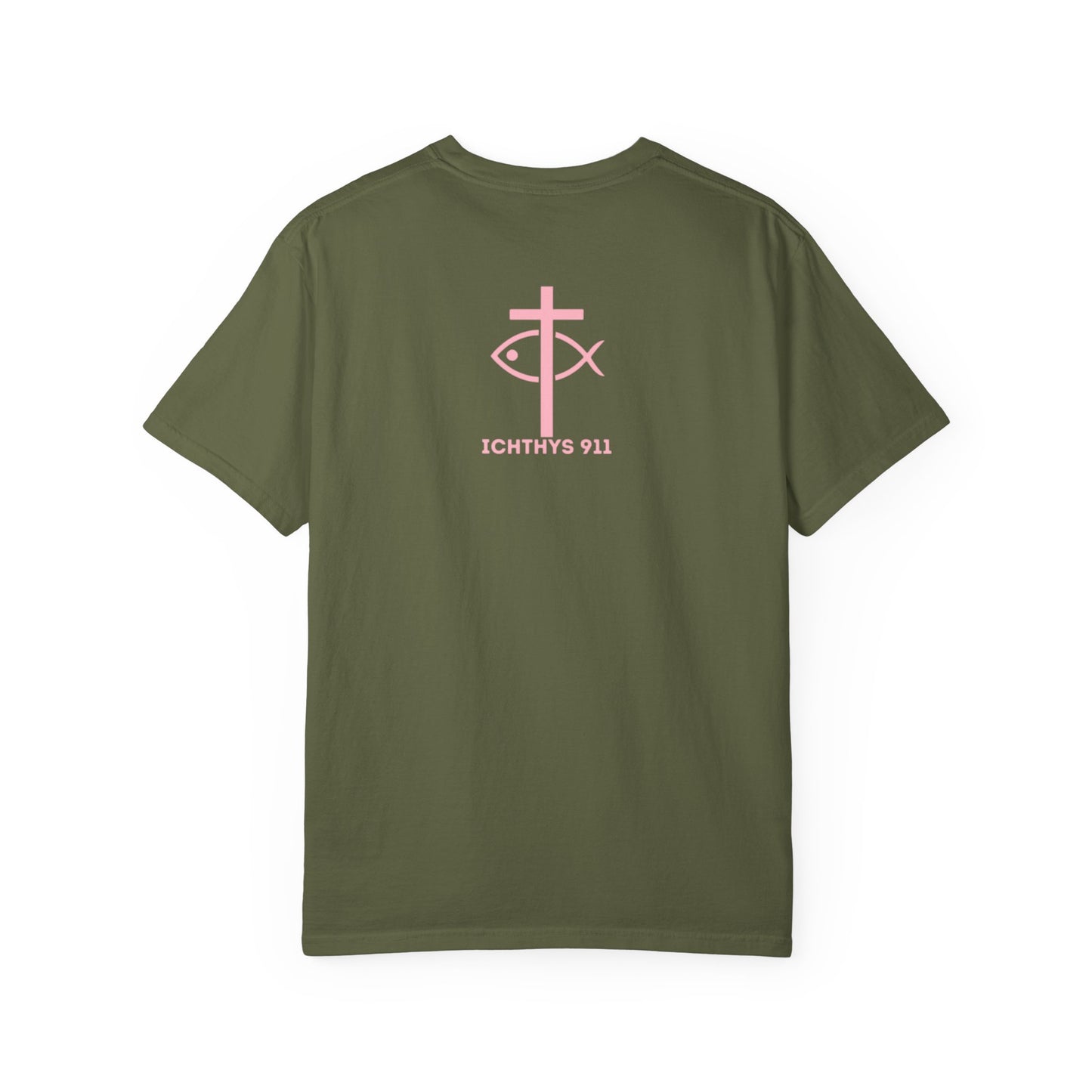 ICHTHYS 911 Pink Font "Badge Collection" - Unisex Garment Dyed T-Shirt 100% US Cotton - Christian Graphic Tee - Gym - T - Christian Faith - Jesus Wear - Women T-Shirt - Men T-Shirt - Garment Dyed