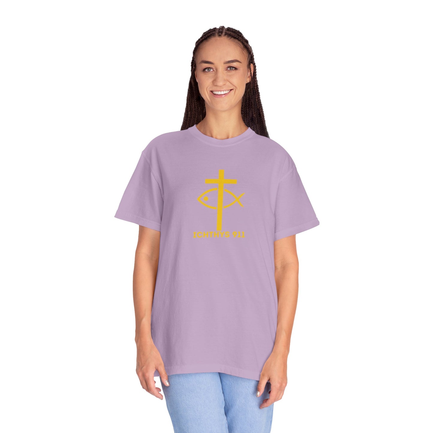 ICHTHYS 911 Gold Font "Faith, Hope, & Love" - Unisex Garment Dyed T-Shirt - 100# US Cotton - Men T-Shirt - Women T-Shirt - Christian T- Shirt -Faith-Inspired Shirt - Christian Fashion - Wear Your Faith