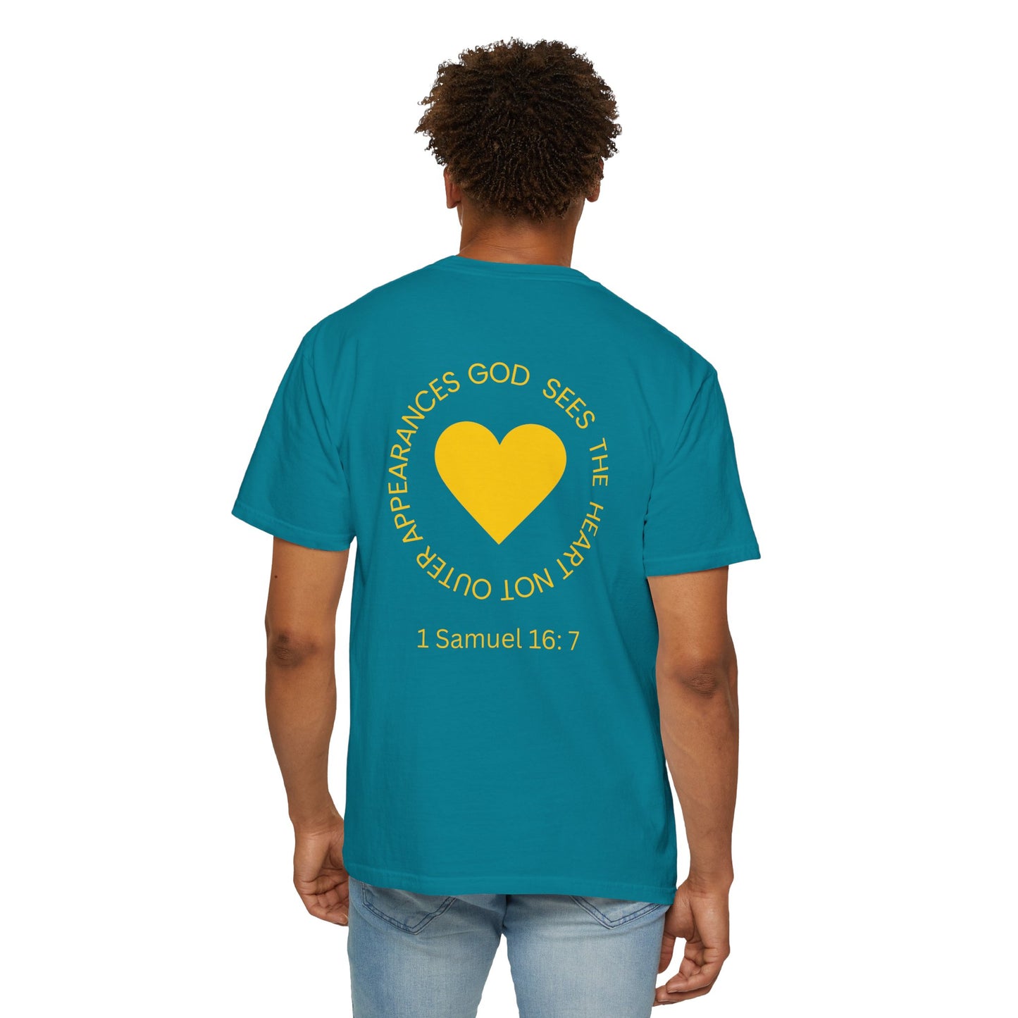 ICHTHYS 911 - "God Sees the Heart" Reverse' Gold Font - Unisex Garment - Dyed T-Shirt - 100% US Cotton - Men T-Shirt - Women T-Shirt - Inspirational Graphic T-Shirt for Everyday Motivation