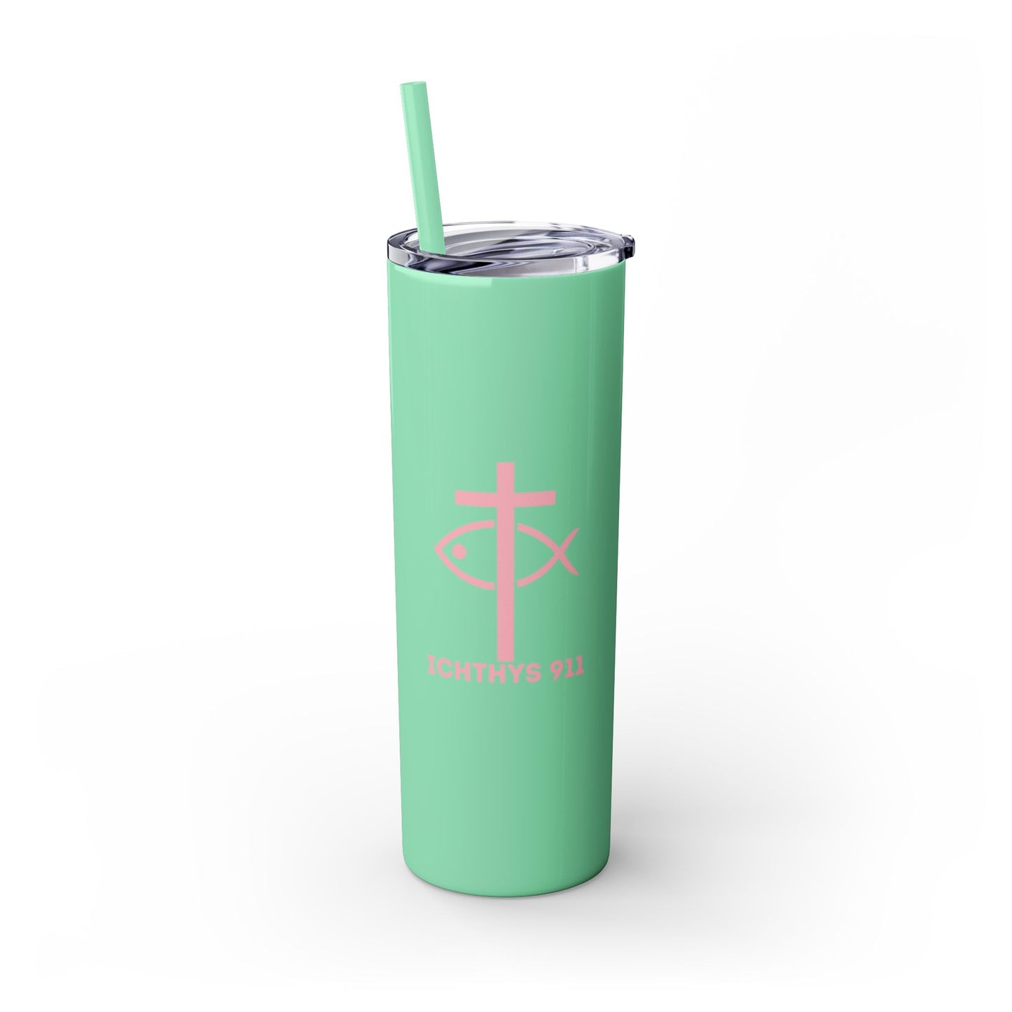 ICHTHYS 911 Pink Font Faith-Inspired Skinny Tumbler with Straw - 20oz