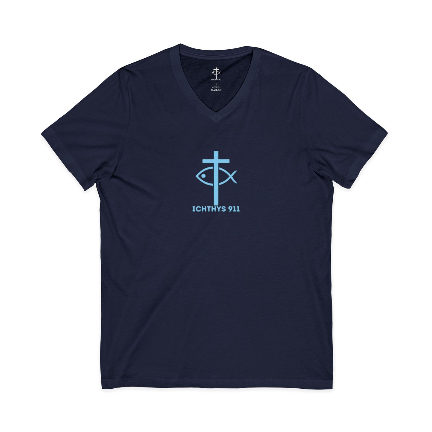 Jesus Is His Name, Saving Souls For Eternity is His Game - Blue Font - V-Neck - Unisex -Men T-Shirt - Women T-Shirt - Christian T - Faith-Inspired Unisex V-Neck Tee - Perfect for Christians - ICHTHYS 911 Design