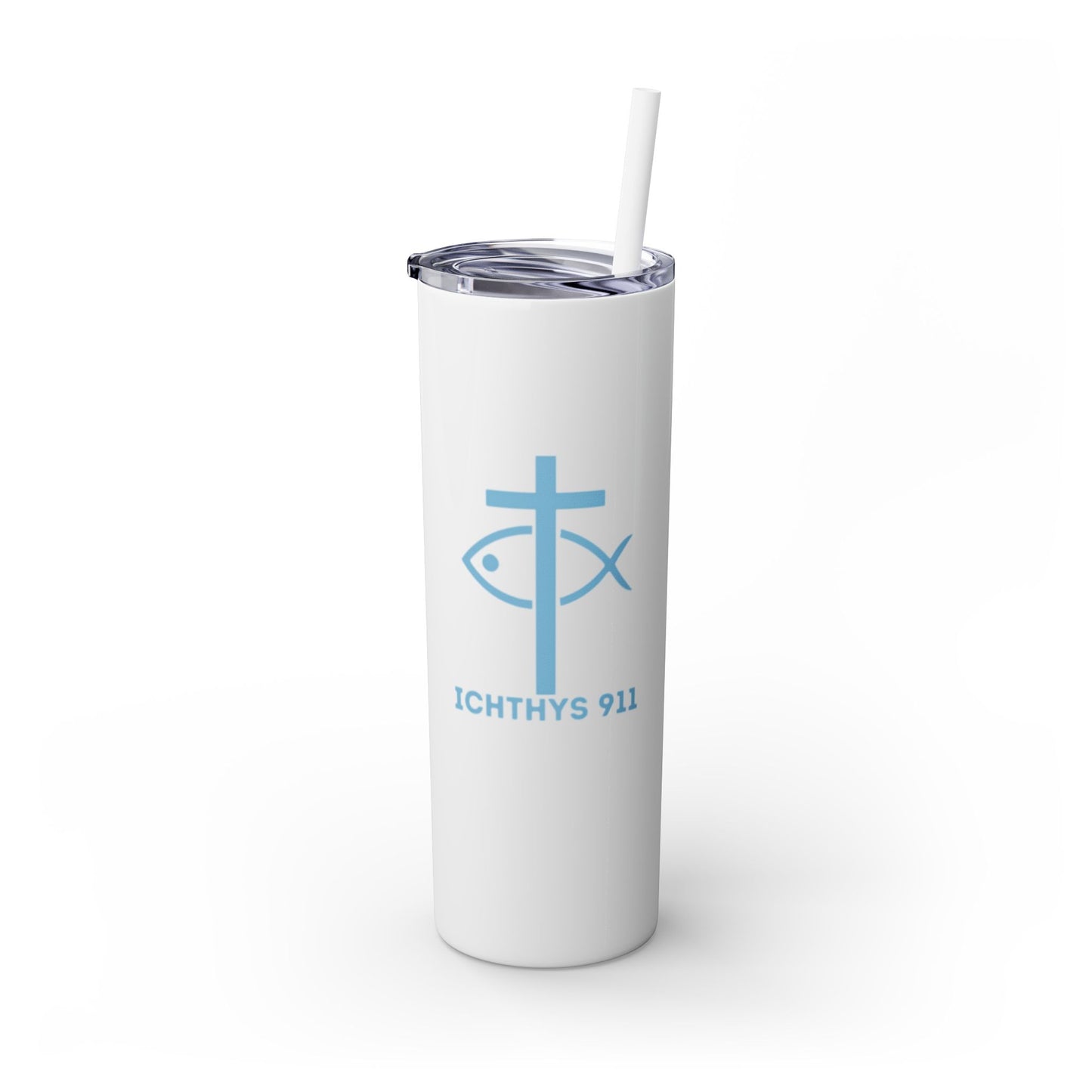 ICHTHYS 911 Pink & Blue Faith-Inspired Skinny Tumbler with Straw - 20oz Baby Shower Drip - Party Favor