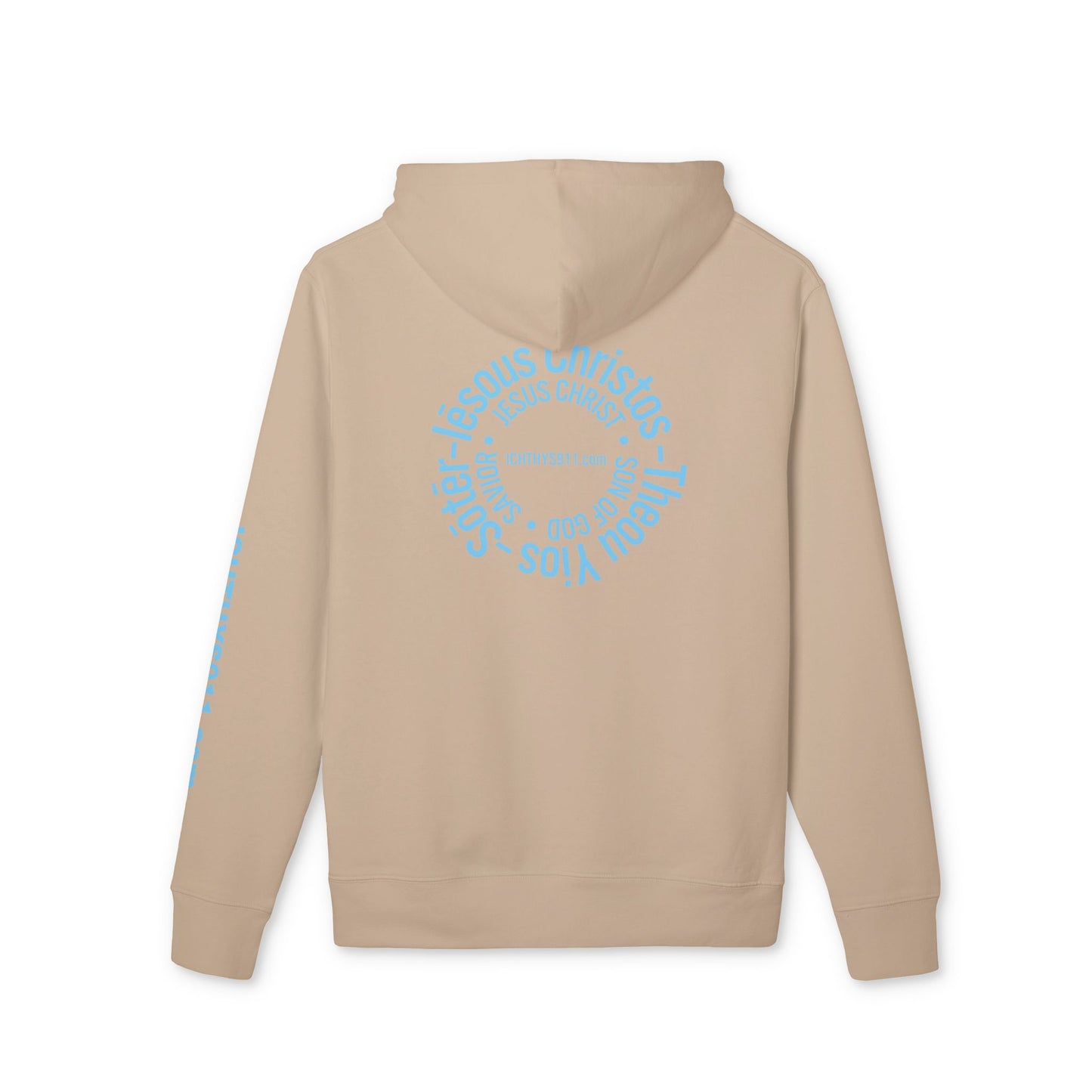 Iēsous Christos, Theou Yios, Sōtēr = Jesus Christ, Son of God, Savior - Unisex - Blue Font - Sweatshirt - ICHTHYS 911 - Hoodie -100% Organic- Heavy