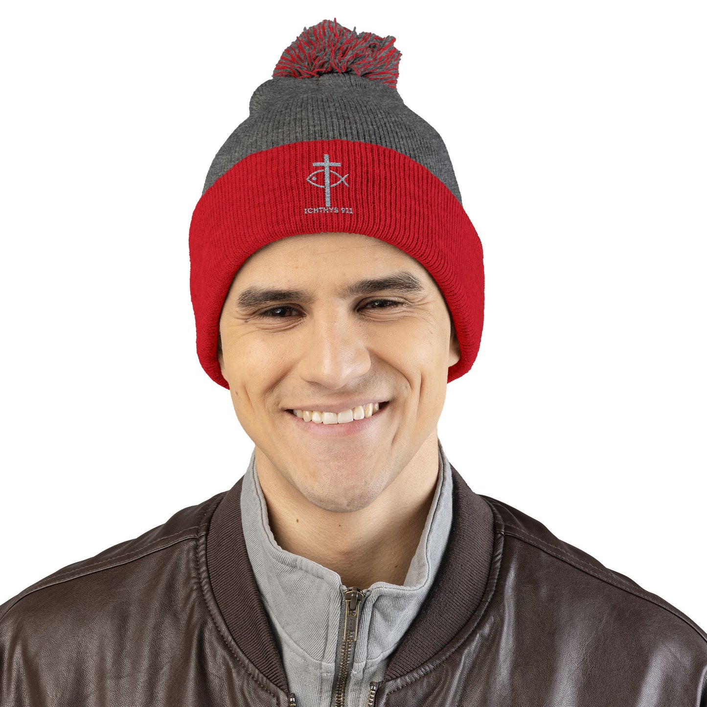 Cozy Pom-Pom Knit Cap | Winter Accessory with Embroidery - Christian Faith Wear - ICHTHYS 911 Design