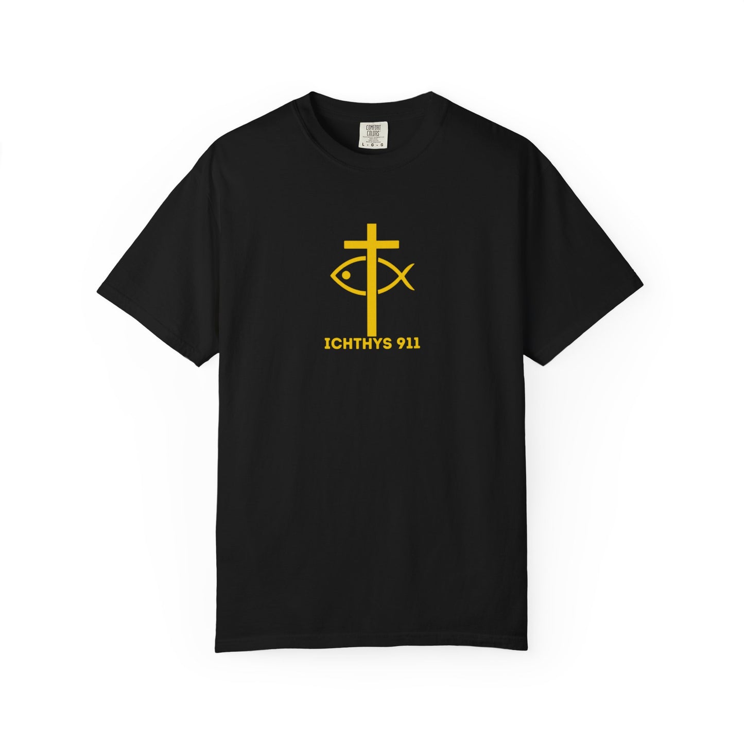 ICHTHYS 911 - "God Sees the Heart" Reverse' Gold Font - Unisex Garment - Dyed T-Shirt - 100% US Cotton - Men T-Shirt - Women T-Shirt - Inspirational Graphic T-Shirt for Everyday Motivation