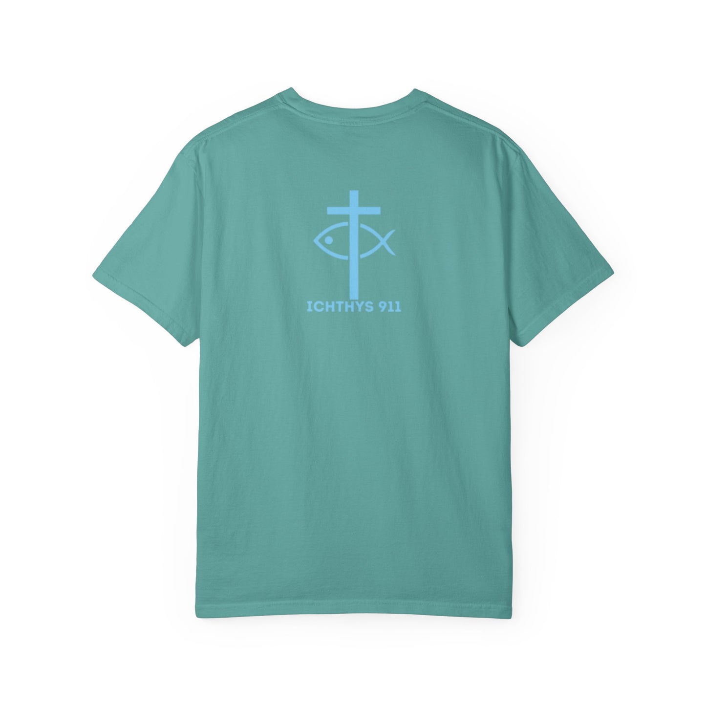ICHTHYS 911 Blue & Black Font "Iēsous Christos, Theou Yios, Sōtēr" - Collection - Reverse Design - Unisex Garment Dyed - 100% US Cotton - Christian Graphic Tee - Gym - T - Christian Faith - Jesus Wear - Women T-Shirt - Men T-Shirt