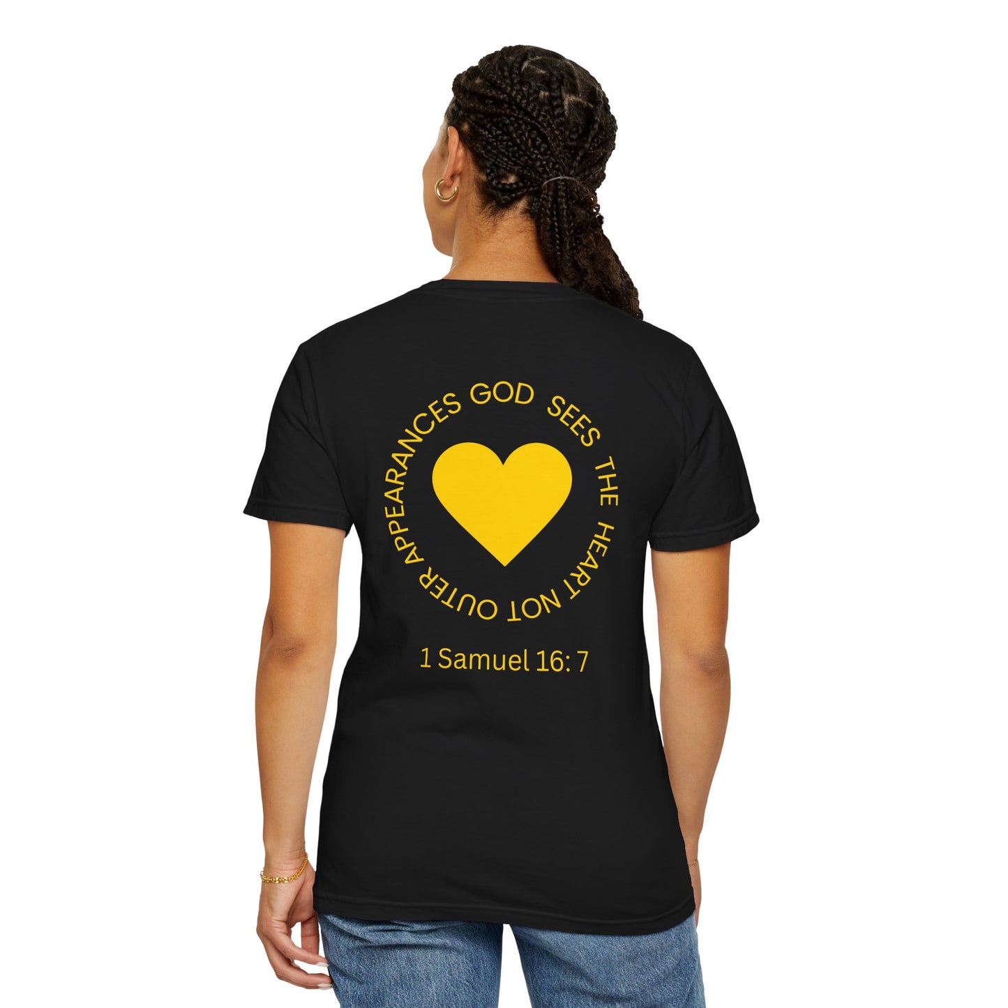 ICHTHYS 911 - "God Sees the Heart" Reverse' Gold Font - Unisex Garment - Dyed T-Shirt - 100% US Cotton - Men T-Shirt - Women T-Shirt - Inspirational Graphic T-Shirt for Everyday Motivation