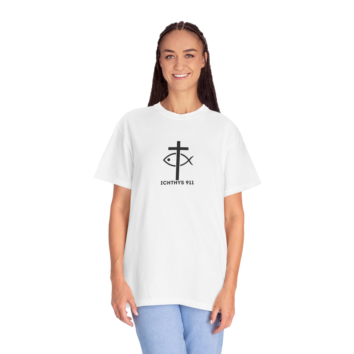 ICHTHYS 911 - "Authentic Design" - Pink Font - Unisex - Men T-Shirt - Women T-Shirt - Christian Streetwear T-Shirt – Jesus Gym & Faith Fashion, Unisex Garment-Dyed T-Shirt