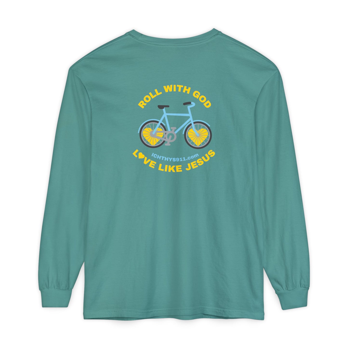 “Roll With God, Love Like Jesus” Bike Graphic -Unisex T- Shirt - Gold Font - Men T- Shirt - Women T-Shirt - Christian T-Shirt - ICHTHYS 911 - Soft - Garment-Dyed
