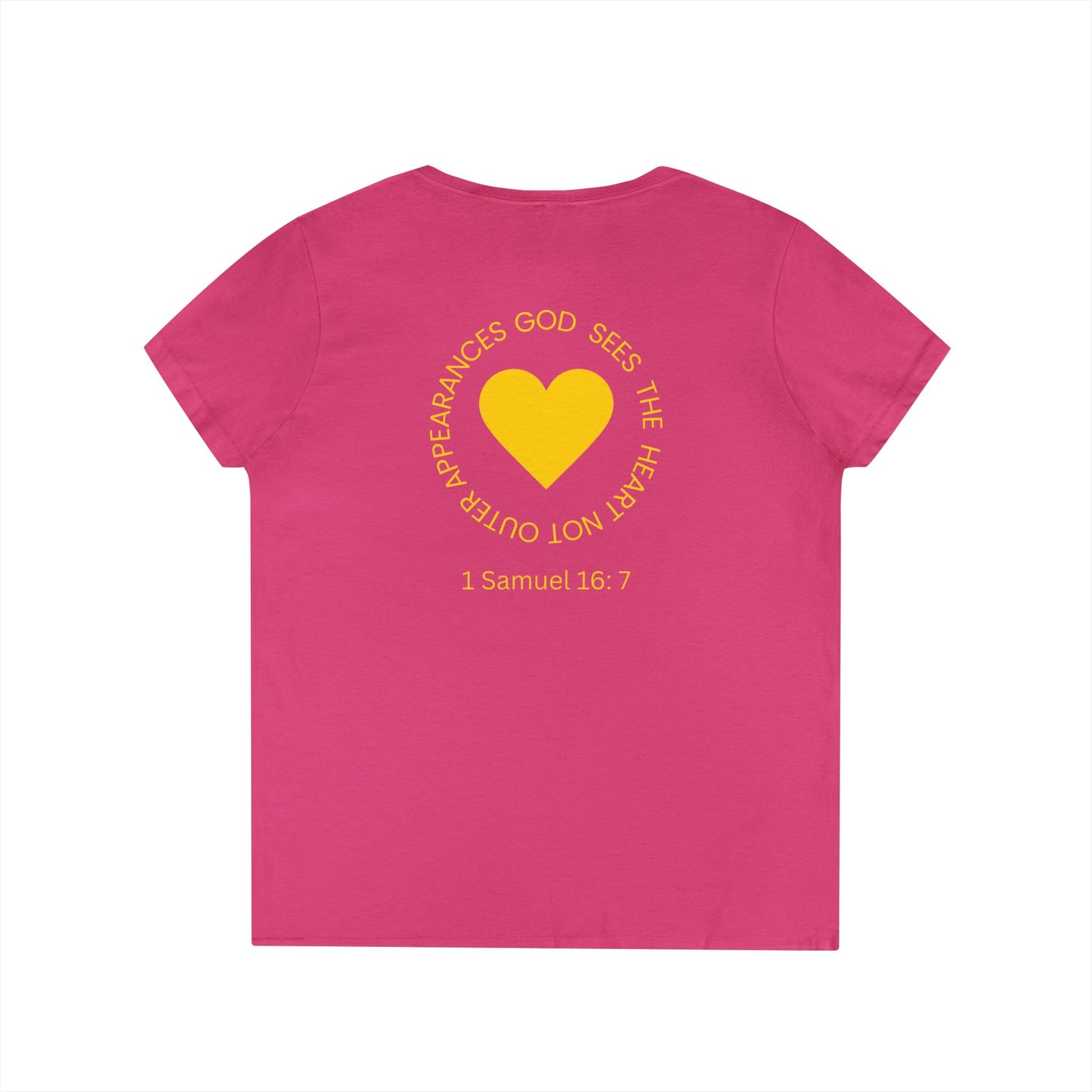 God Sees The Heart Gold Font Women’s Faith-Inspired V-Neck T-Shirt - ICHTHYS 911 Design911 Design