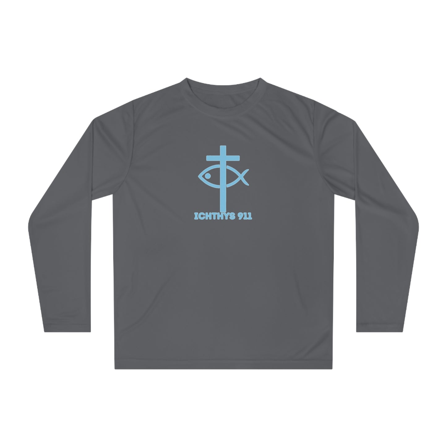 ICHTHYS 911 "Strength Through Christ Philippians 4:13" - Blue Font - Unisex Performance Long Sleeve Shirt - Men - Women - 100% Moisture-Wicking Poly - Christian Activewear