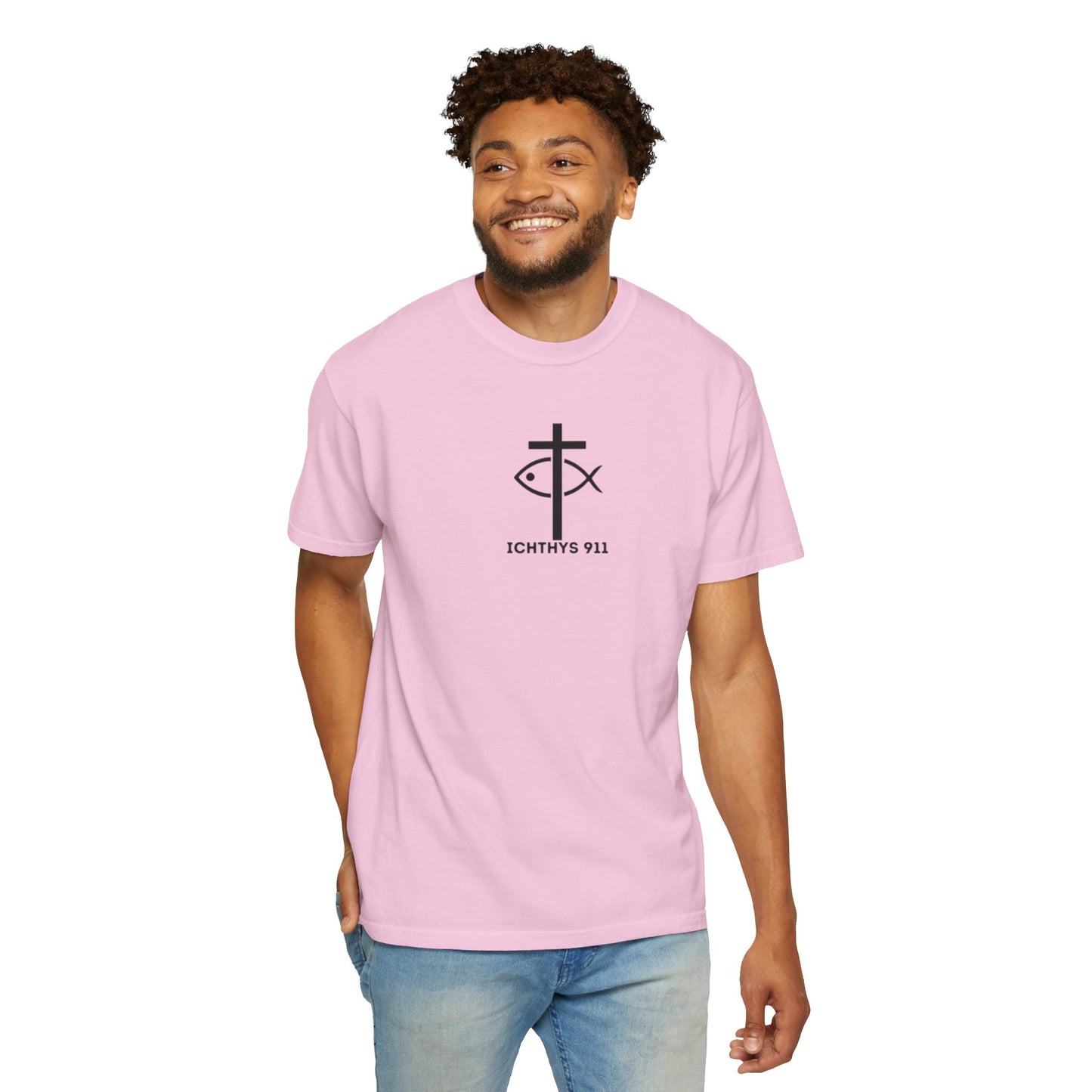 ICHTHYS 911 - Authentic - Christian Streetwear T-Shirt – Jesus Gym & Faith Fashion - Men T-Shirt - Women T-Shirt -Unisex Garment-Dyed T-Shirt Black Font