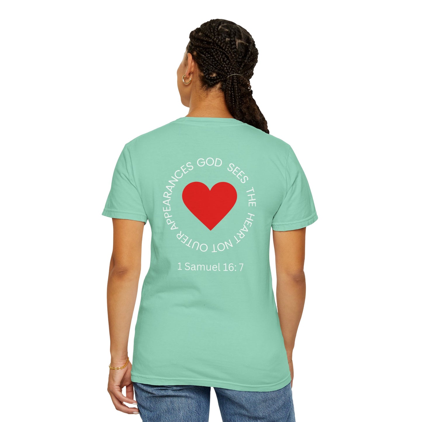 ICHTHYS 911 -  "God Sees the Heart" - White Font - Unisex Garment - Dyed T-Shirt - Inspirational Graphic T-Shirt for Everyday Motivation - 100% US cotton