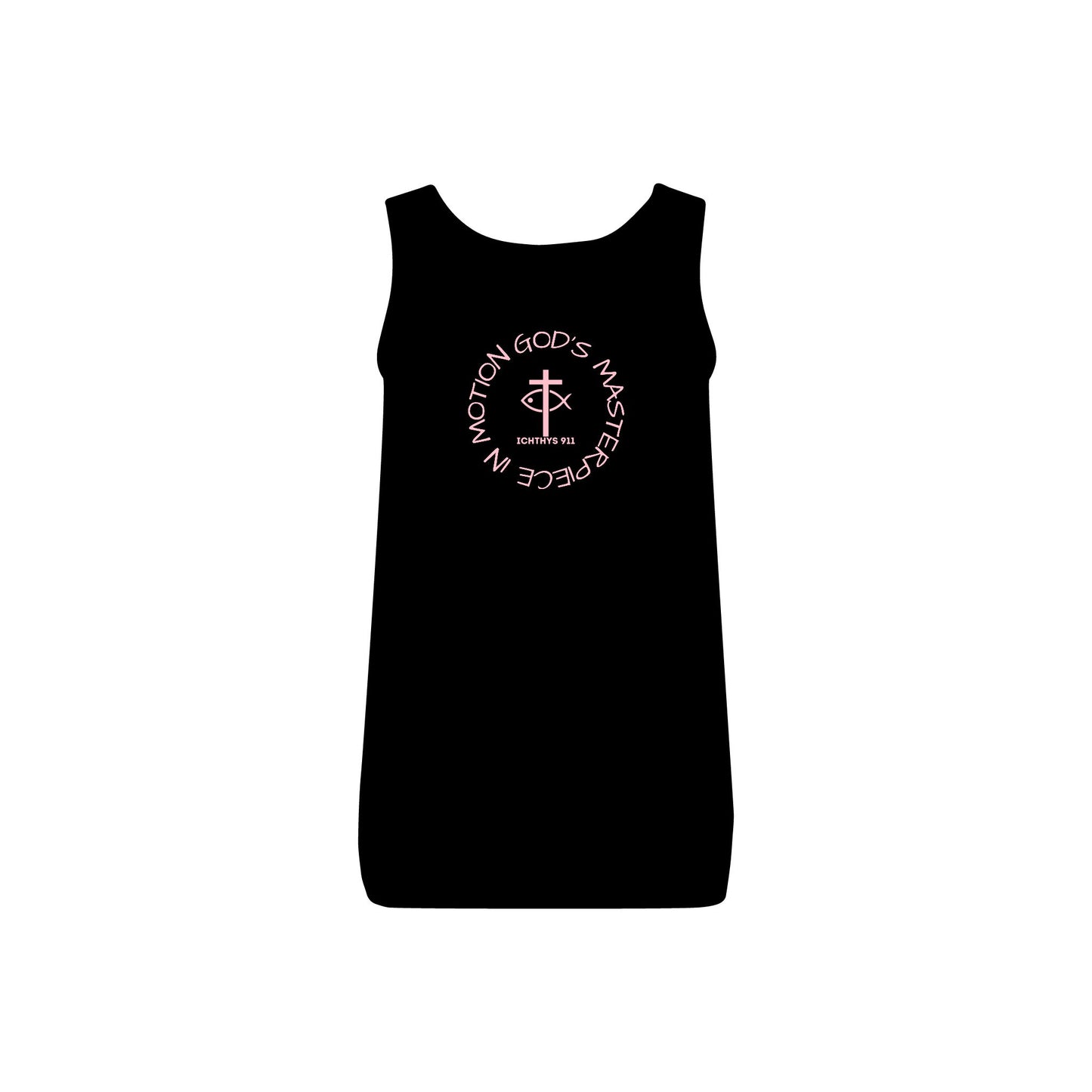 ICHTHYS 911 - Pink Font - "God's Masterpiece In Motion" - Comfortable Women's Micro Ribbed Tank with Inspirational Design - Slim fit - Featuring exclusive ICHTHYS 911 Logo