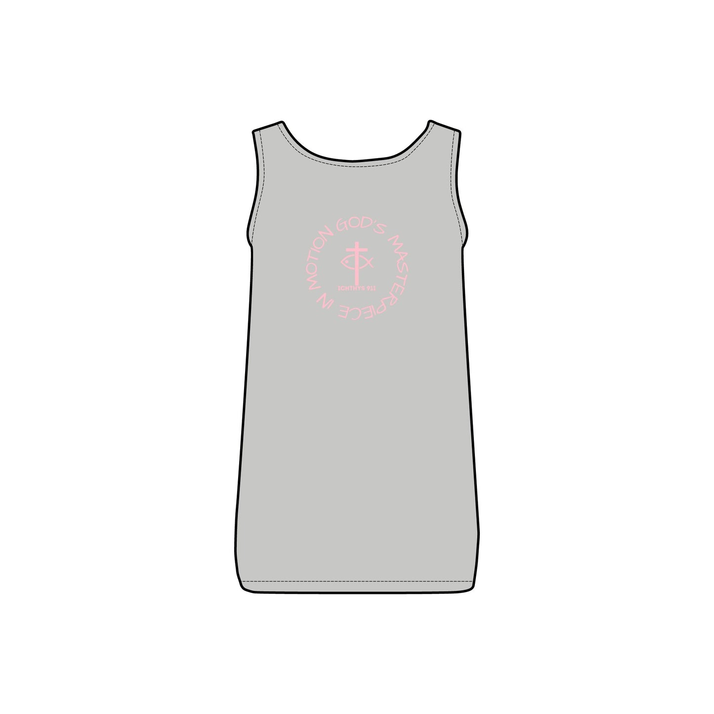 ICHTHYS 911 - Pink Font - "God's Masterpiece In Motion" - Comfortable Women's Micro Ribbed Tank with Inspirational Design - Slim fit - Featuring exclusive ICHTHYS 911 Logo