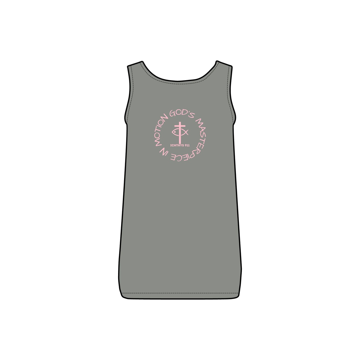 ICHTHYS 911 - Pink Font - "God's Masterpiece In Motion" - Comfortable Women's Micro Ribbed Tank with Inspirational Design - Slim fit - Featuring exclusive ICHTHYS 911 Logo
