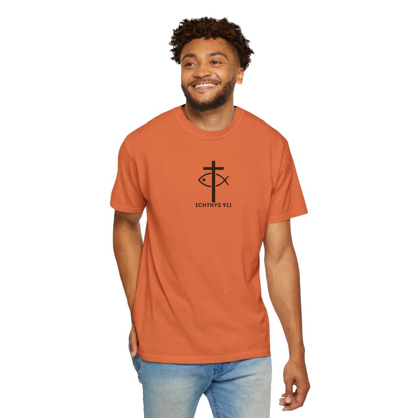 ICHTHYS 911 Black Font - "Run With Endurance Hebrews 12:1" - Unisex Garment Dyed T-Shirt -100% US Cotton - Men T-Shirt - Women T-Shirt - Bible Verse - Christian Faith - Christian Workout
