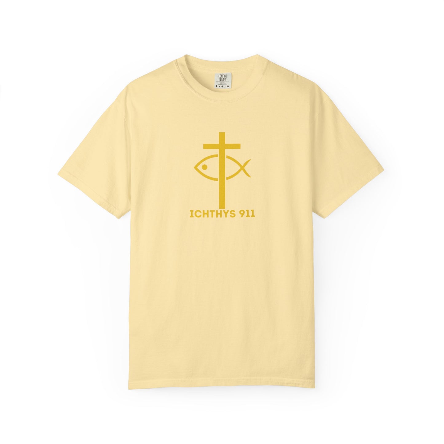 ICHTHYS 911 - "Jesus Christ Son of God Savior" - Gold Font - Unisex Garment Dyed T- Shirt - Men T-Shirt - Women T-Shirt - Christian Streetwear T-Shirt – Jesus Gym & Faith Fashion
