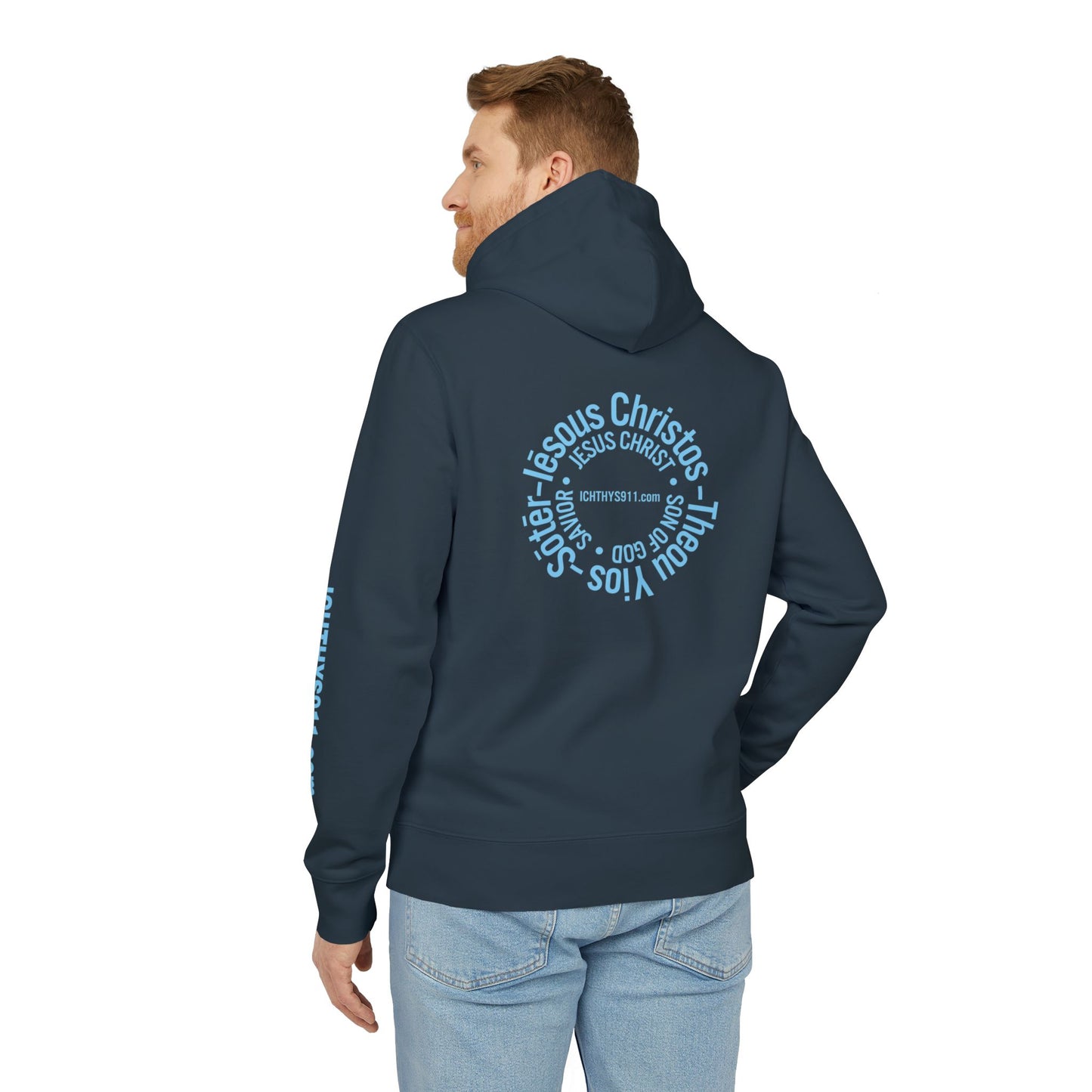 Iēsous Christos, Theou Yios, Sōtēr = Jesus Christ, Son of God, Savior - Unisex - Blue Font - Sweatshirt - ICHTHYS 911 - Hoodie -100% Organic- Heavy