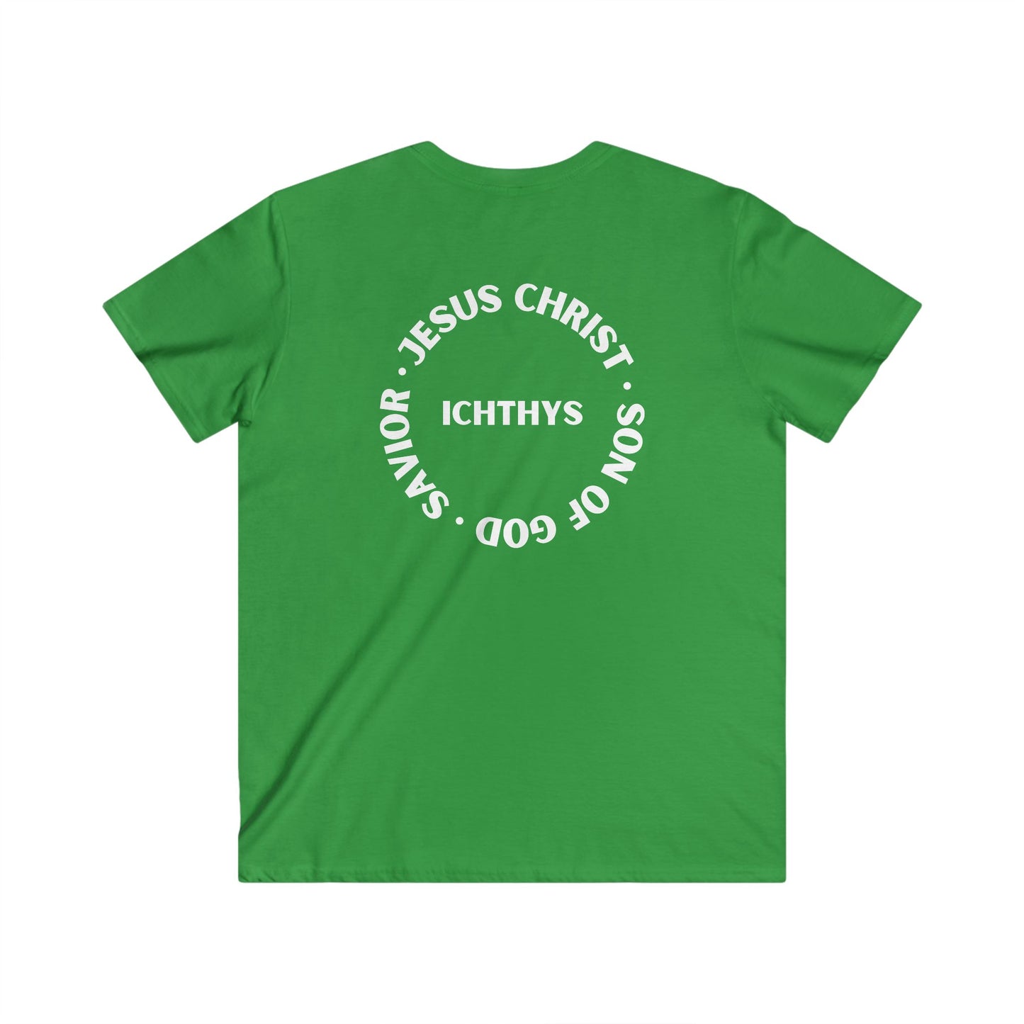 Jesus Christ - Son of God - Savior Collection - Reverse Logo - Men's Fitted V-Neck Short Sleeve T - Shirt - Faith-Inspired - Christian Faith - White Font - ICHTHYS 911 -