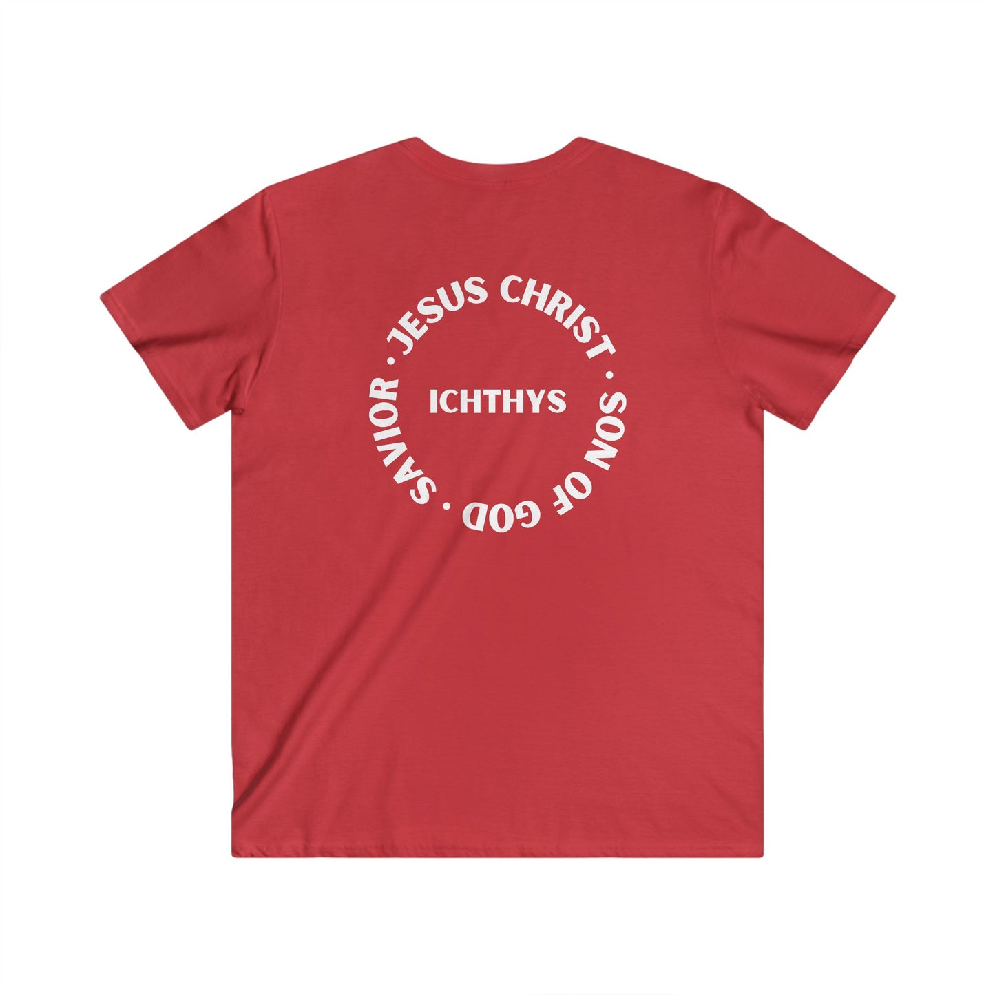 Jesus Christ - Son of God - Savior Collection - Reverse Logo - Men's Fitted V-Neck Short Sleeve T - Shirt - Faith-Inspired - Christian Faith - White Font - ICHTHYS 911 -