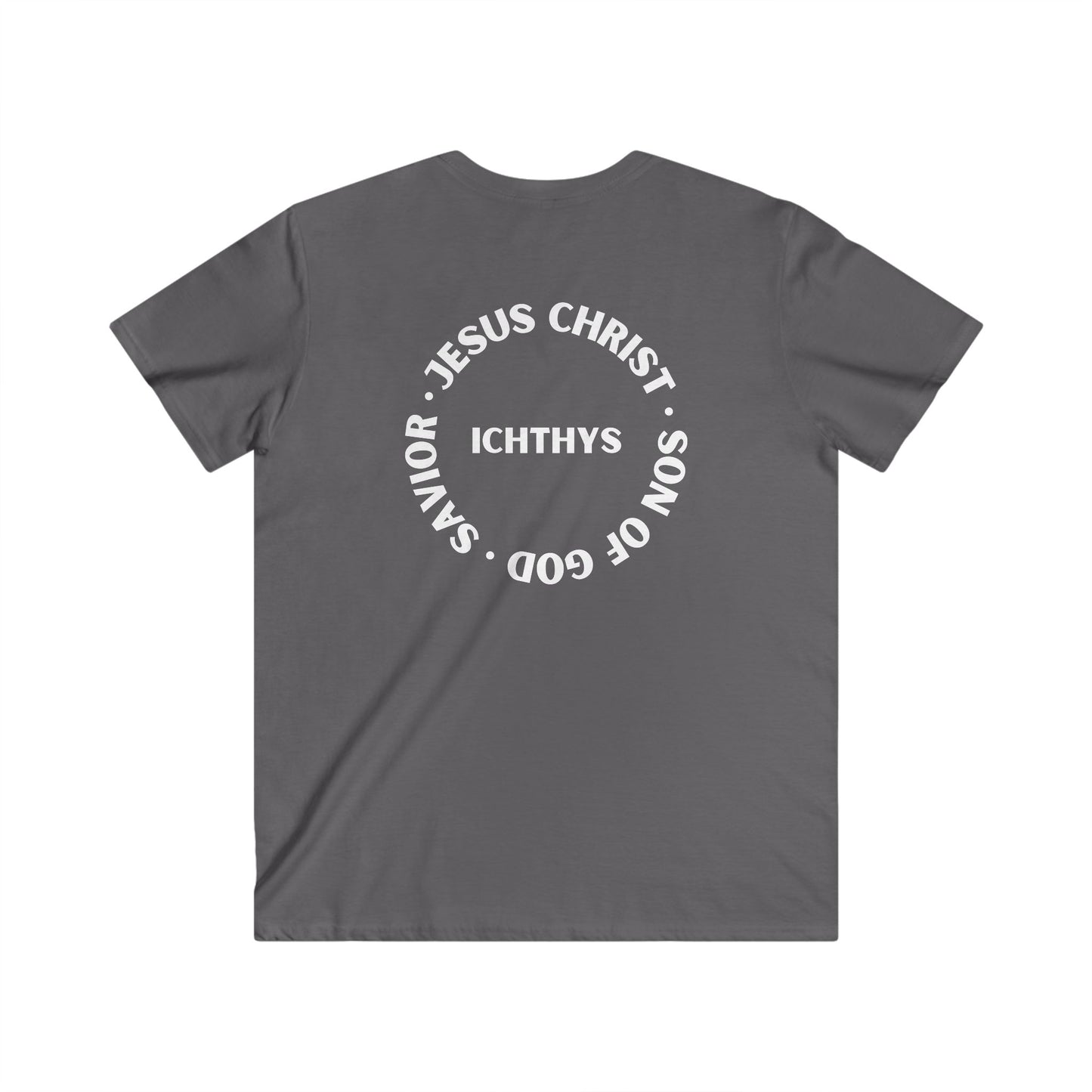 Jesus Christ - Son of God - Savior Collection - Reverse Logo - Men's Fitted V-Neck Short Sleeve T - Shirt - Faith-Inspired - Christian Faith - White Font - ICHTHYS 911 -