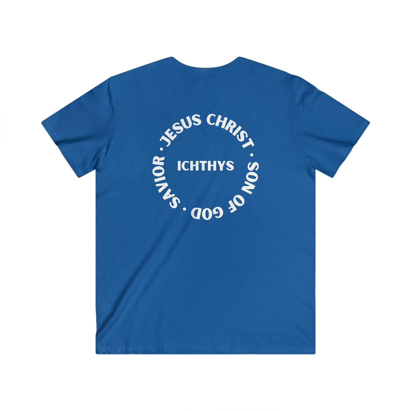 Jesus Christ - Son of God - Savior Collection - Reverse Logo - Men's Fitted V-Neck Short Sleeve T - Shirt - Faith-Inspired - Christian Faith - White Font - ICHTHYS 911 -
