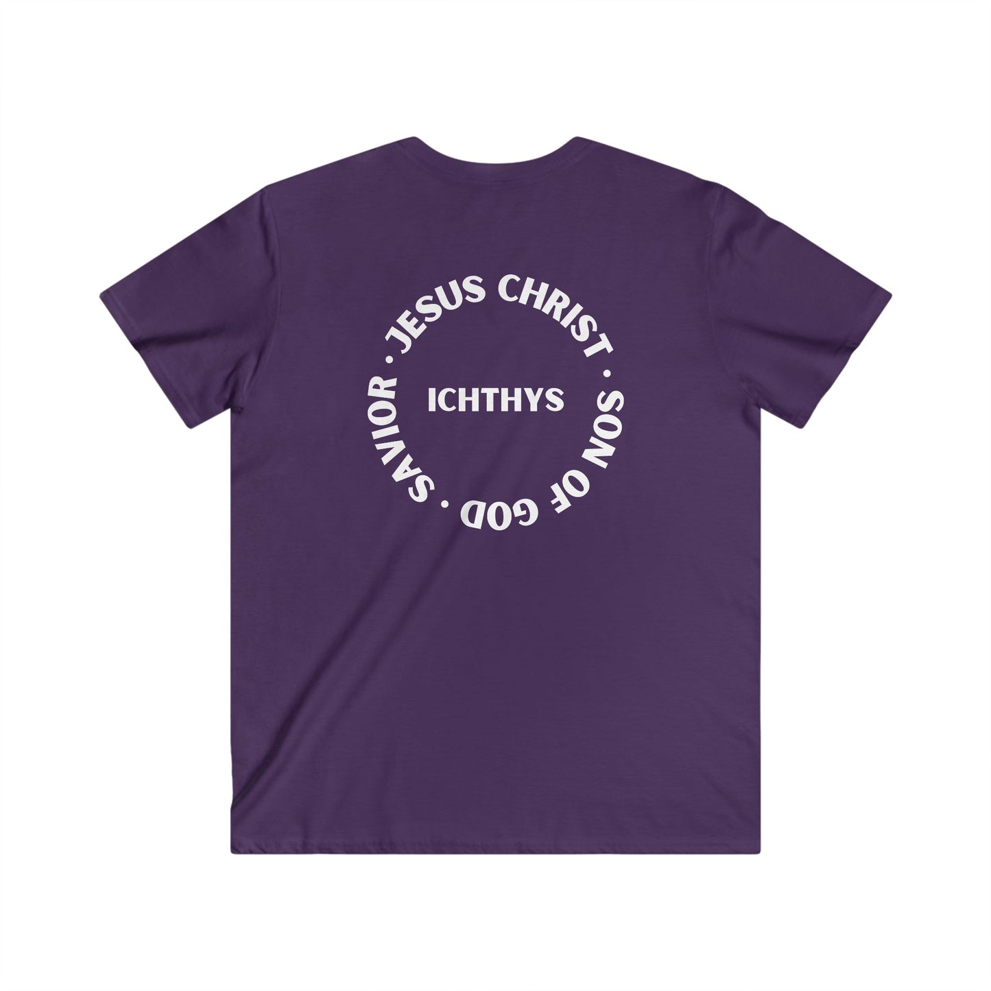 Jesus Christ - Son of God - Savior Collection - Reverse Logo - Men's Fitted V-Neck Short Sleeve T - Shirt - Faith-Inspired - Christian Faith - White Font - ICHTHYS 911 -