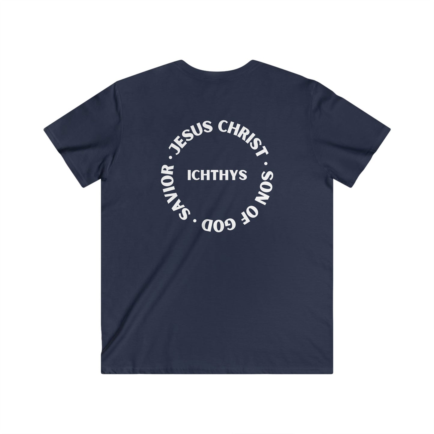 Jesus Christ - Son of God - Savior Collection - Reverse Logo - Men's Fitted V-Neck Short Sleeve T - Shirt - Faith-Inspired - Christian Faith - White Font - ICHTHYS 911 -