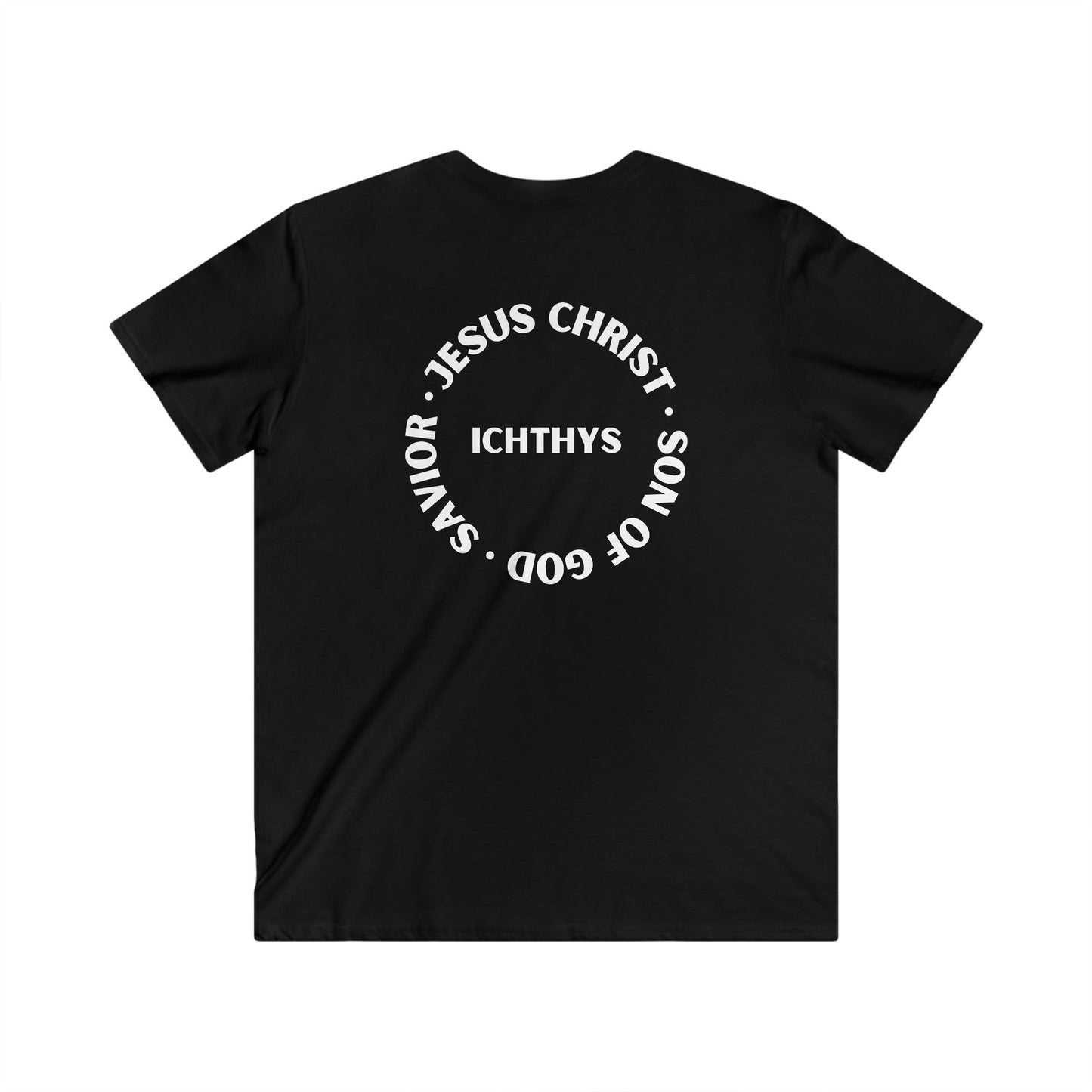 Jesus Christ - Son of God - Savior Collection - Reverse Logo - Men's Fitted V-Neck Short Sleeve T - Shirt - Faith-Inspired - Christian Faith - White Font - ICHTHYS 911 -