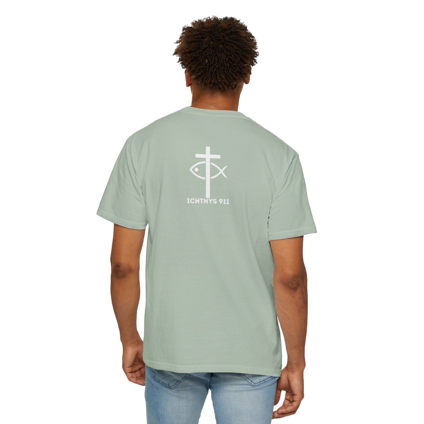 ICHTHYS 911 - "God Sees the Heart" Reverse Design - White Font - Unisex Garment - Dyed T-Shirt - 100% US Cotton - Men T-Shirt - Women T-Shirt - Inspirational Graphic T-Shirt for Everyday Motivation