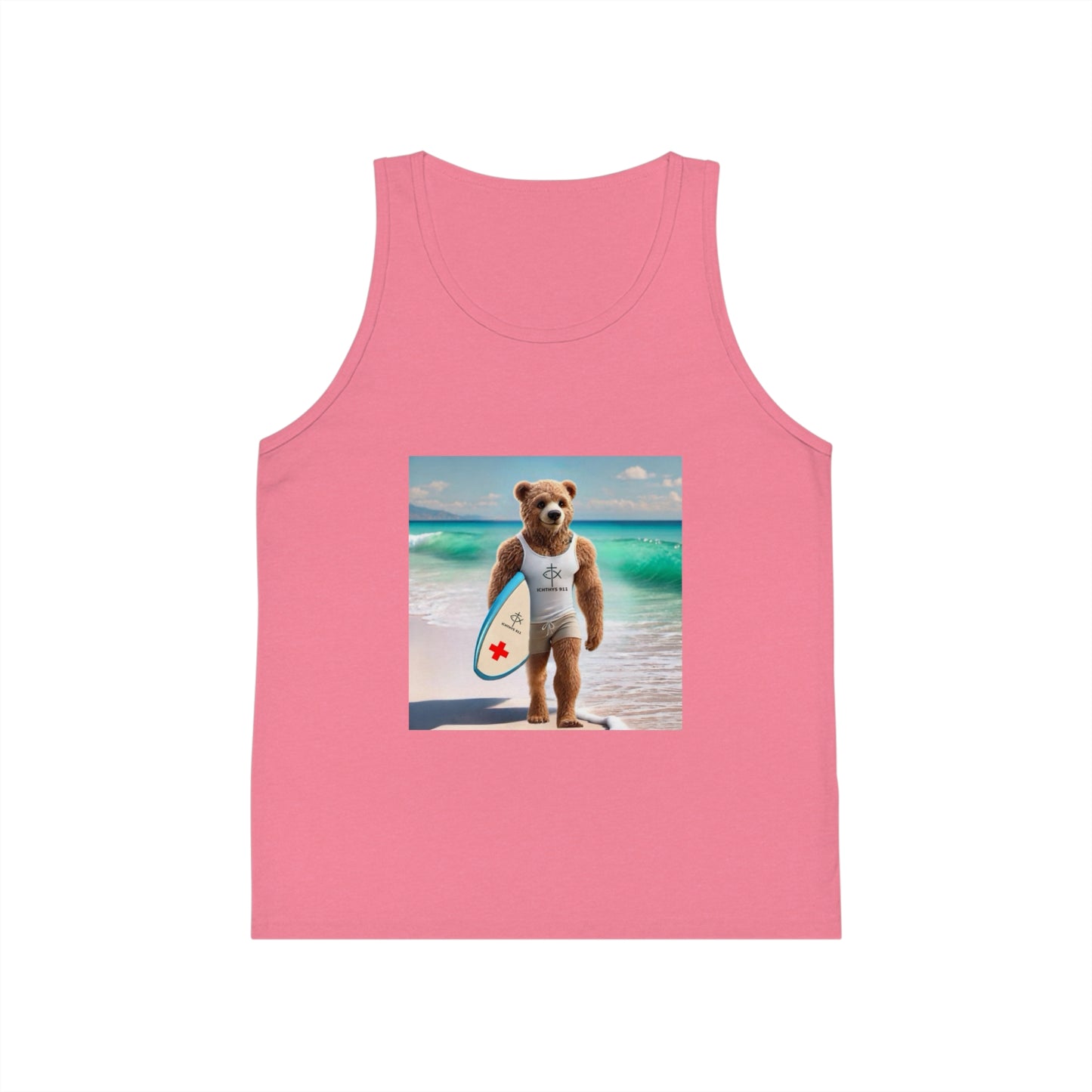 ICHTHYS 911 "Surfing Bear" - Youth Size - Kid's Jersey Tank Top - Fun Summer Attire for Adventures