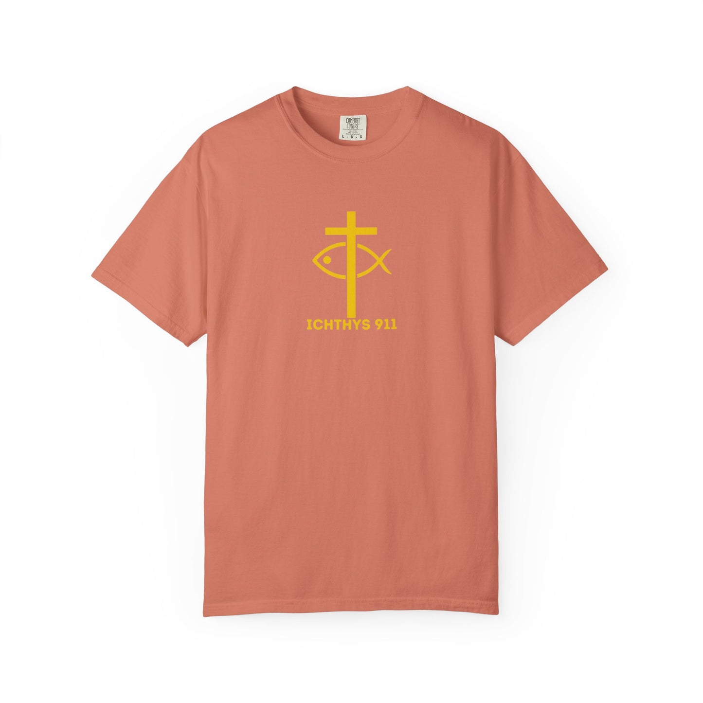 ICHTHYS 911 - "God Sees the Heart" Reverse' Gold Font - Unisex Garment - Dyed T-Shirt - 100% US Cotton - Men T-Shirt - Women T-Shirt - Inspirational Graphic T-Shirt for Everyday Motivation
