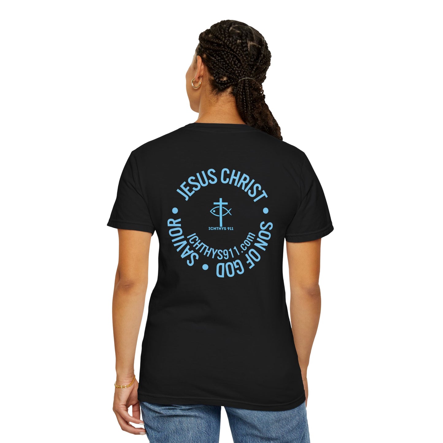Jesus Christ Son of God Savior - Blue Font - Christian Streetwear T-Shirt – Jesus Gym & Faith Fashion, Unisex Garment-Dyed T-Shirt- ICHTHYS 911