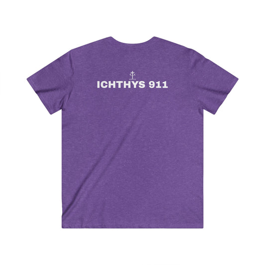 ICHTHYS 911 - White Font - "Authentic" - Men's Fitted V-Neck Tee - Casual Comfort for Everyday Wear