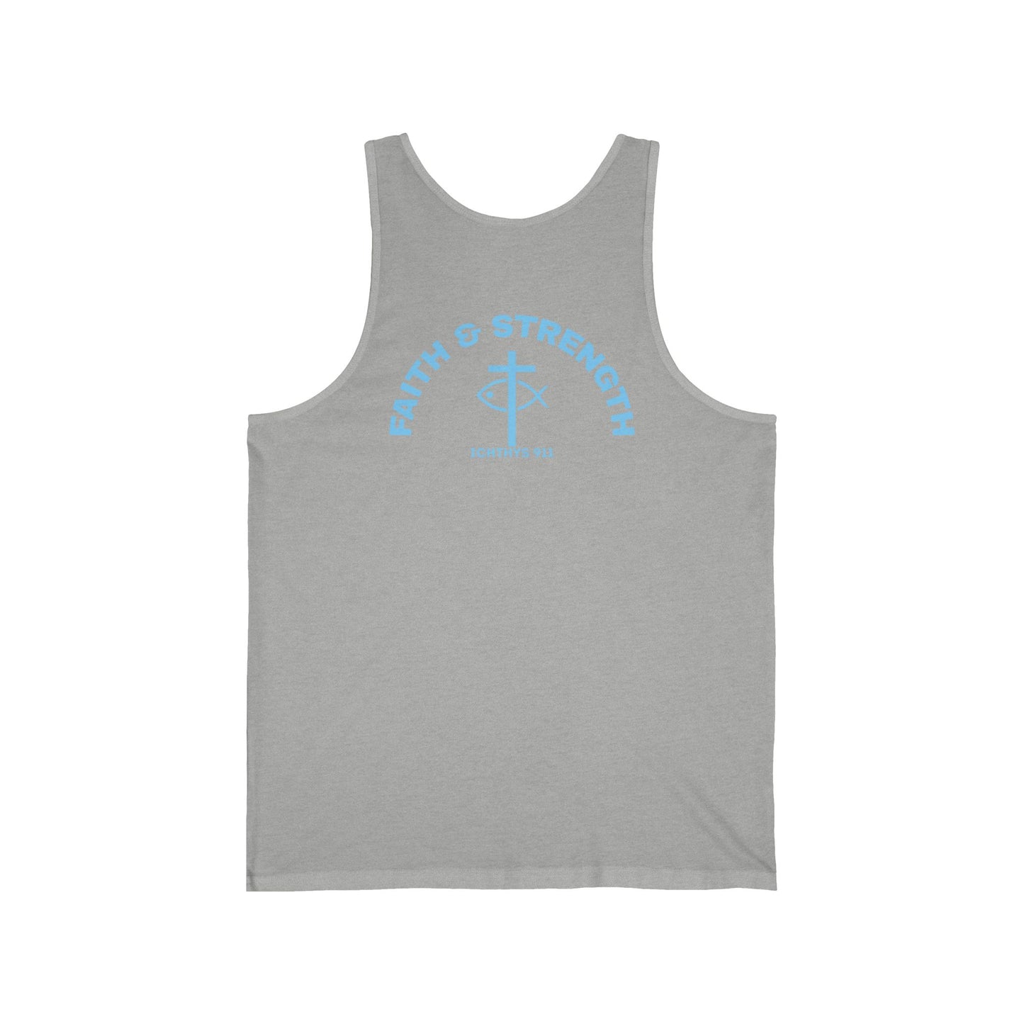 ICHTHYS 911 Blue Font "Faith & Strength" Extra Light - Unisex - Men Tank - Women Tank - Jersey Tank - Casual Christian Symbol Graphic Tank Top