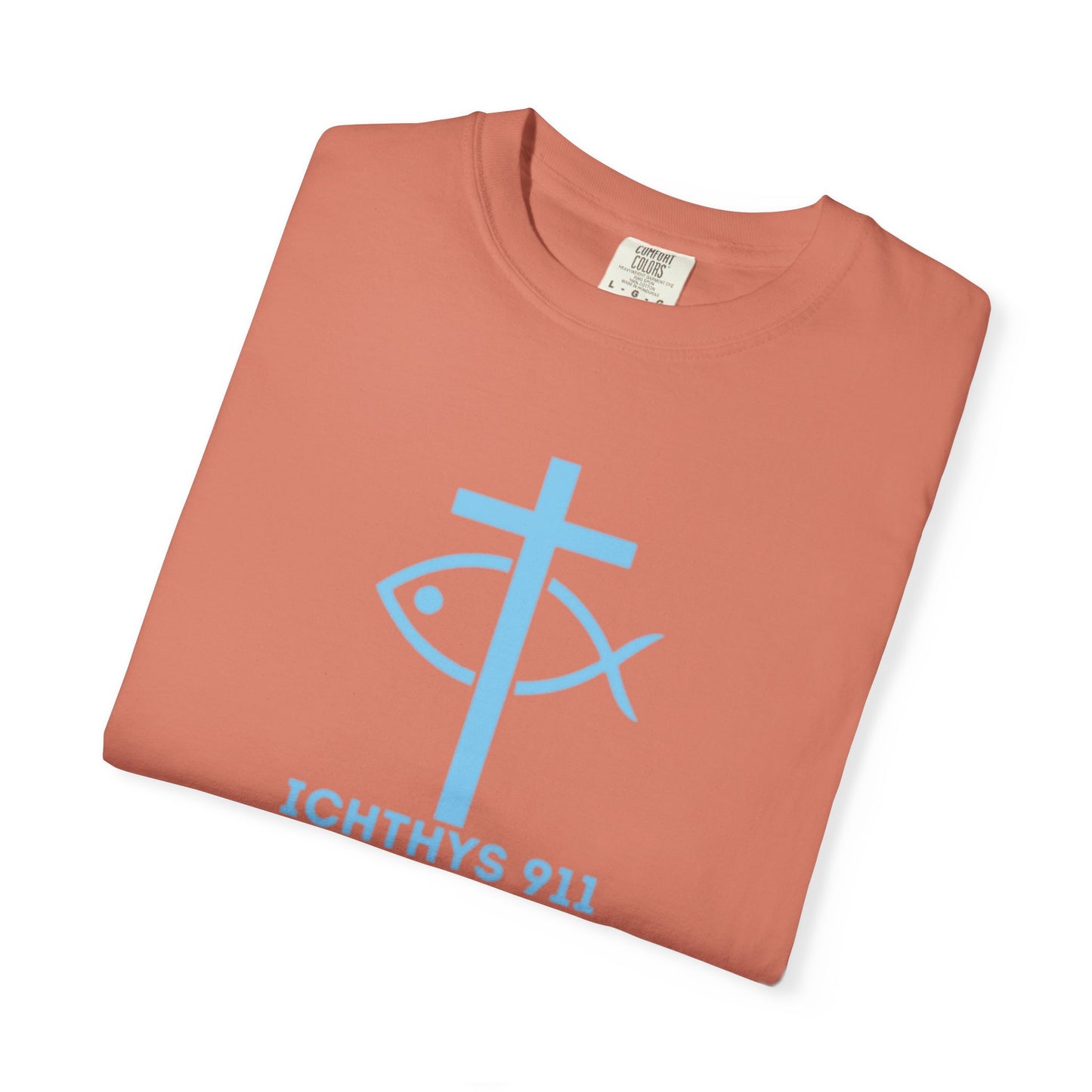 Iēsous Christos, Theou Yios, Sōtēr - Blue Font - Garment-Dyed Unisex T-Shirt - Men T-Shirt - Women T-Shirt - Christian Symbol - Greek - Faith Inspired -Christian Streetwear – Jesus Gym & Faith Fashion, Unisex Garment -ICHTHYS 911 - Additional Colors