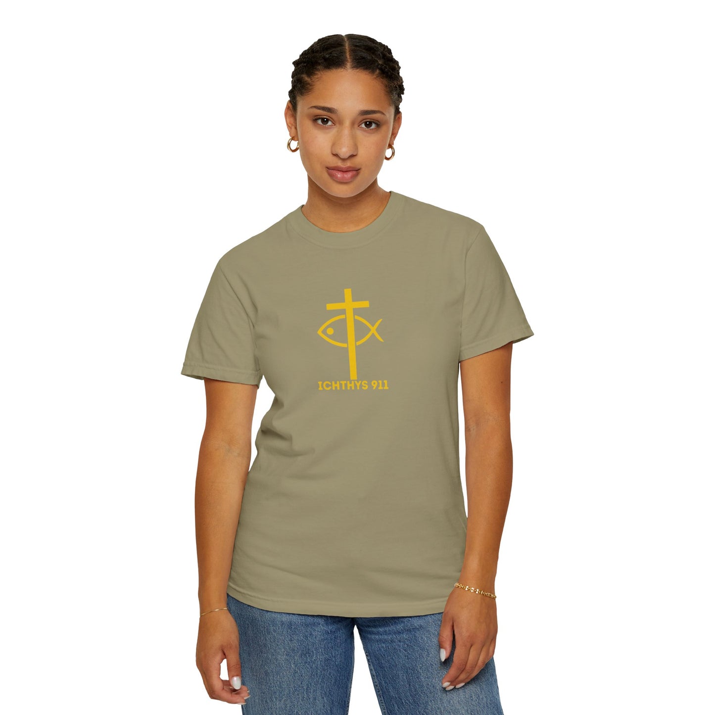 ICHTHYS 911 - "God Sees the Heart" Reverse' Gold Font - Unisex Garment - Dyed T-Shirt - 100% US Cotton - Men T-Shirt - Women T-Shirt - Inspirational Graphic T-Shirt for Everyday Motivation