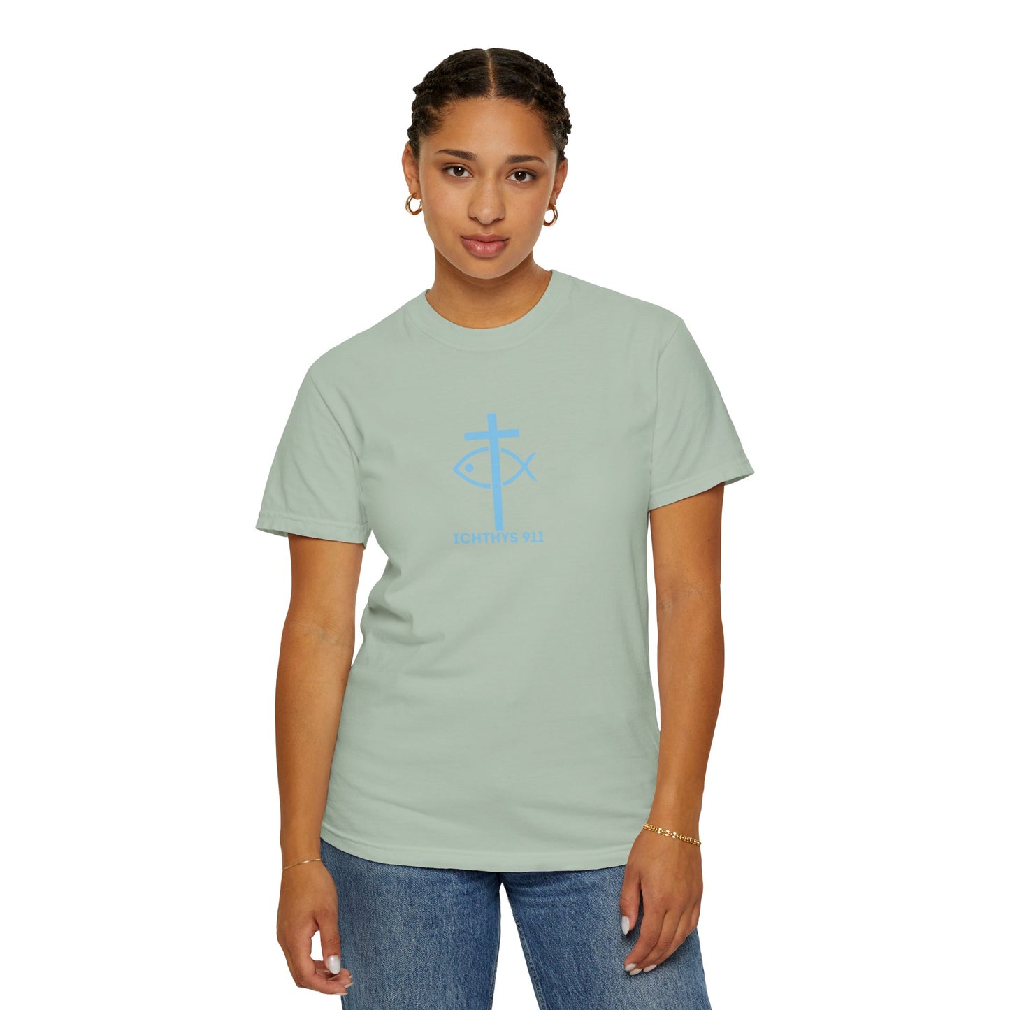 ICHTHYS 911 - Blue Font "Faith, Hope, & Love" - Unisex T-Shirt - Men T-Shirt - Christian Women Tee - Faith-Inspired Shirt - Christian Fashion - Wear Your Faith