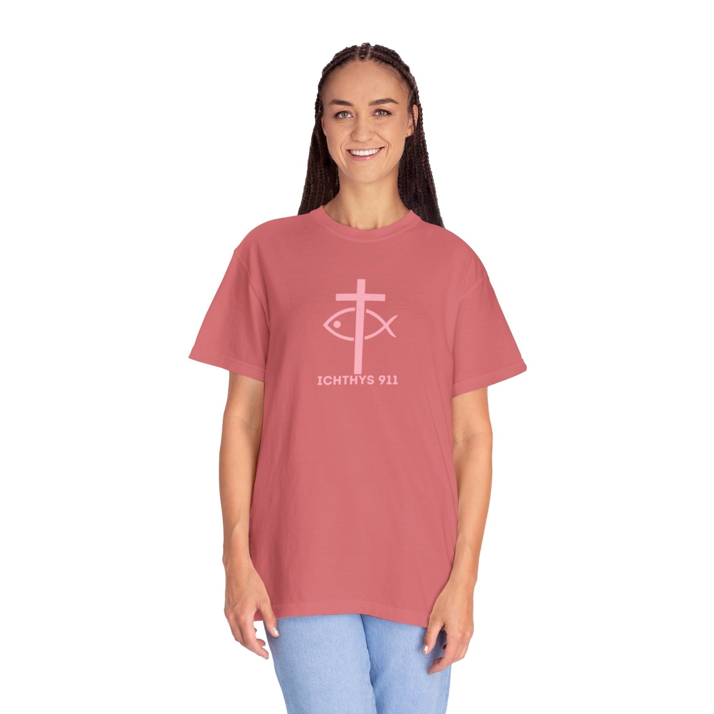 ICHTHYS 911 Pink Font "Faith, Hope, & Love" - Unisex Garment Dyed T-Shirt - 100% US Cotton - Men T-Shirt - Christian Women Tee - Faith-Inspired Shirt - Christian Fashion - Wear Your Faith - Additional Colors Added