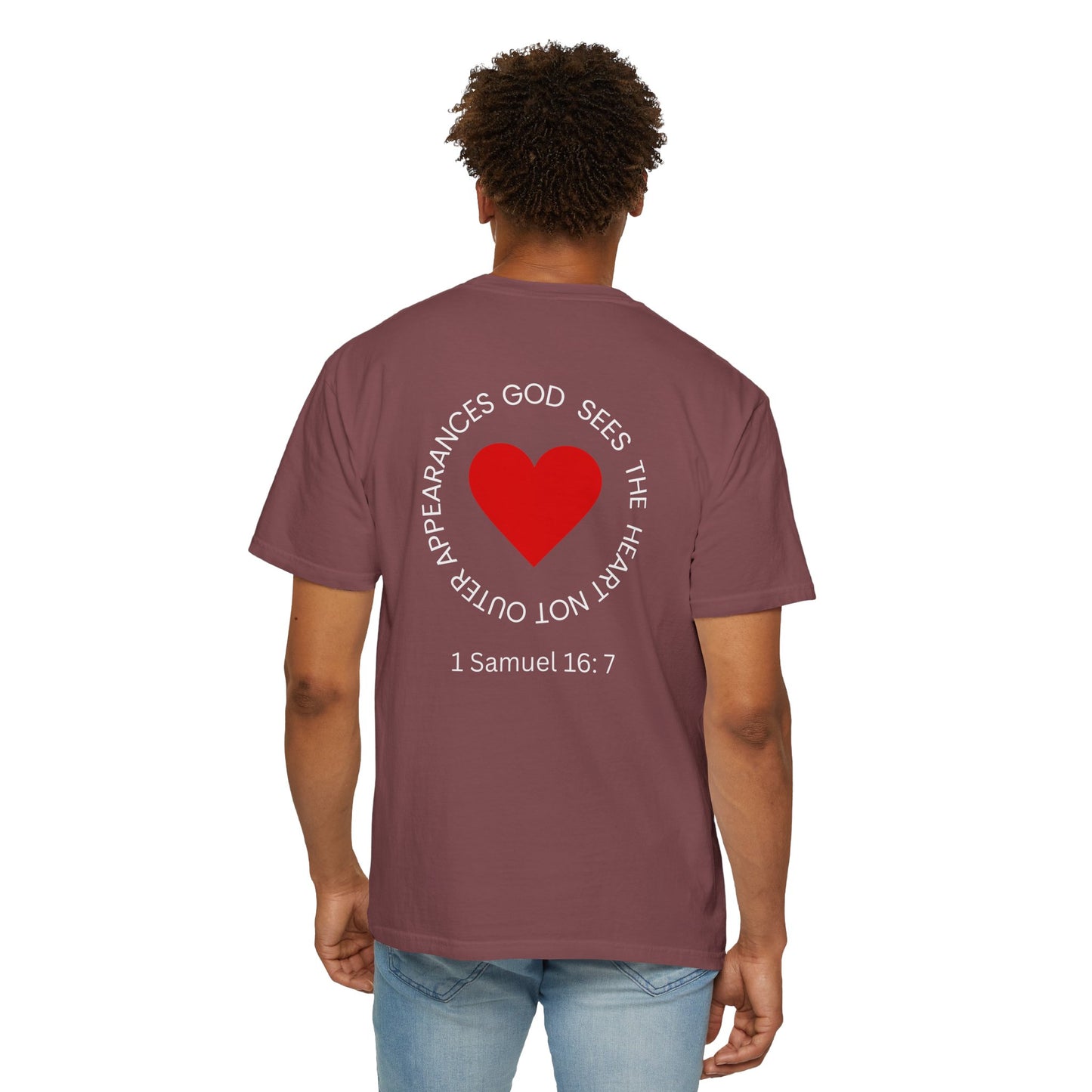 ICHTHYS 911 -  "God Sees the Heart" - White Font - Unisex Garment - Dyed T-Shirt - Inspirational Graphic T-Shirt for Everyday Motivation - 100% US cotton