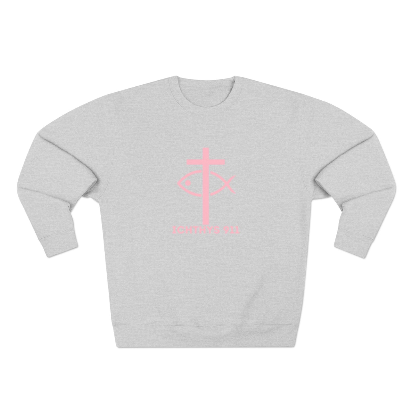ICHTHYS 911 Minimal Pink Cross Crewneck Sweatshirt — Unisex -