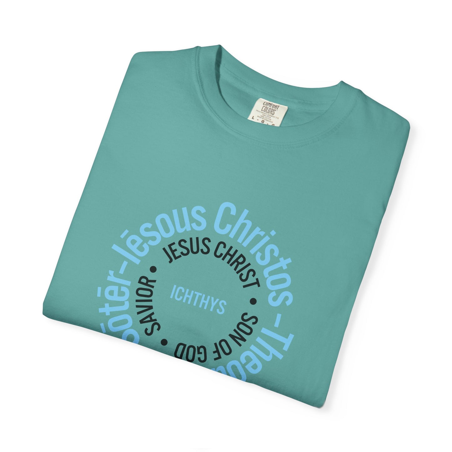 ICHTHYS 911 Blue Font "Iēsous Christos, Theou Yios, Sōtēr" - Reverse - Collection - Unisex - Christian Graphic Tee - Gym - T - Christian Faith - Jesus Wear - Women T-Shirt - Men T-Shirt